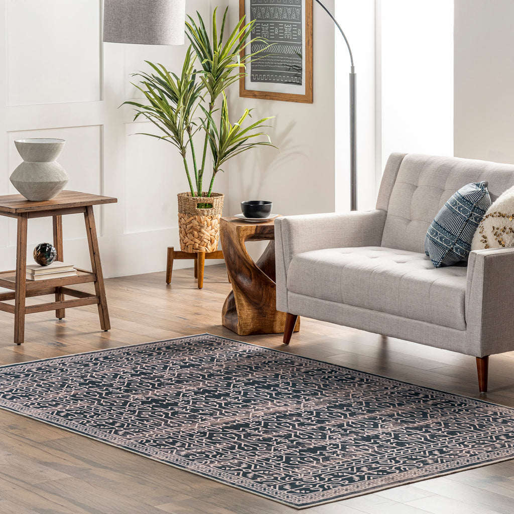 Tinsley Bordered Linework Washable Rug | Navy