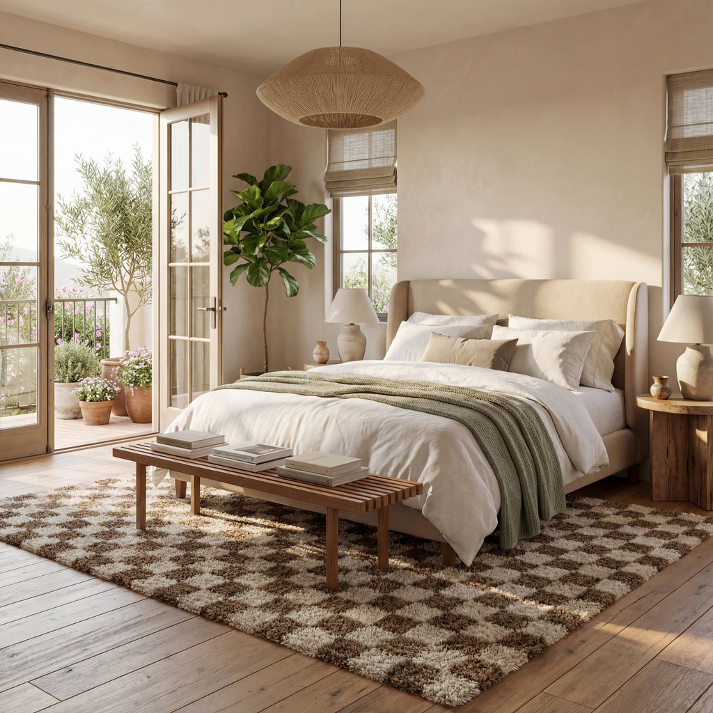 Bettie Retro Checkered Shag Rug | Beige