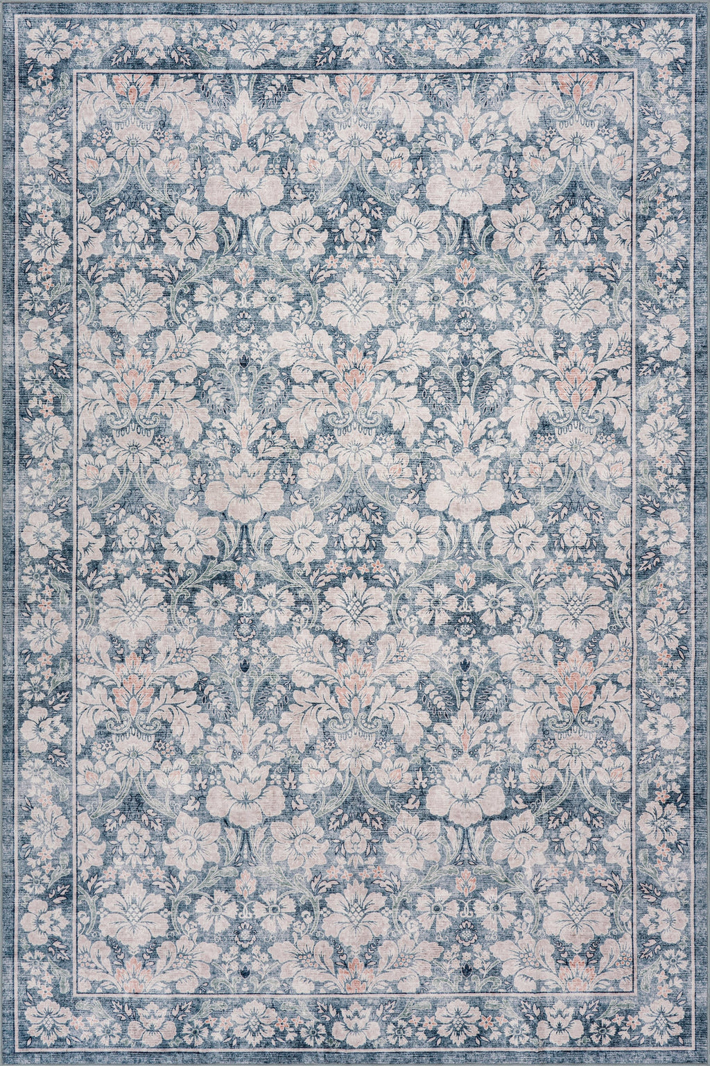 Kinice Traditional Floral Washable Rug | Dark Blue