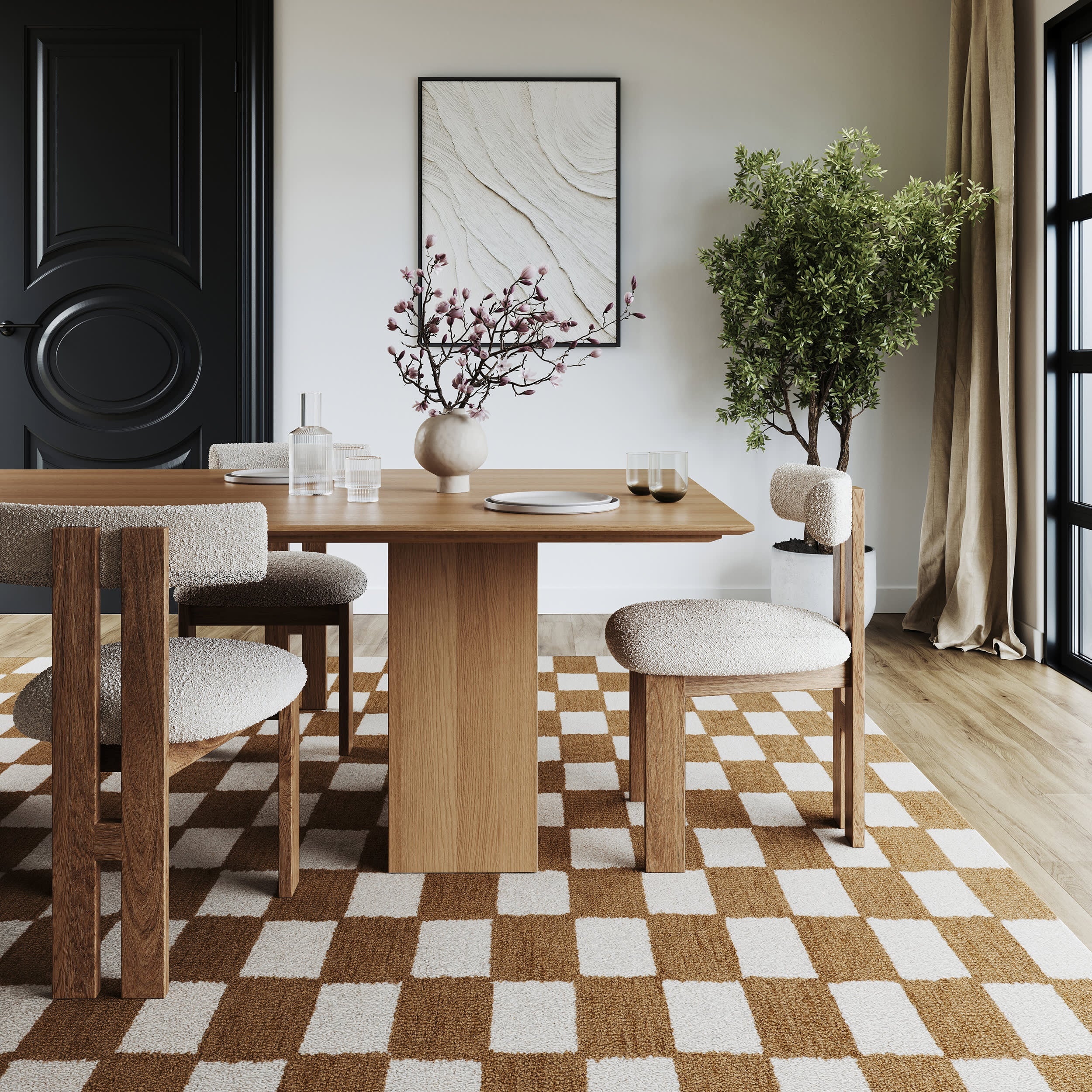 Calina Modern Checkered Indoor Wool Rug | Golden Tan