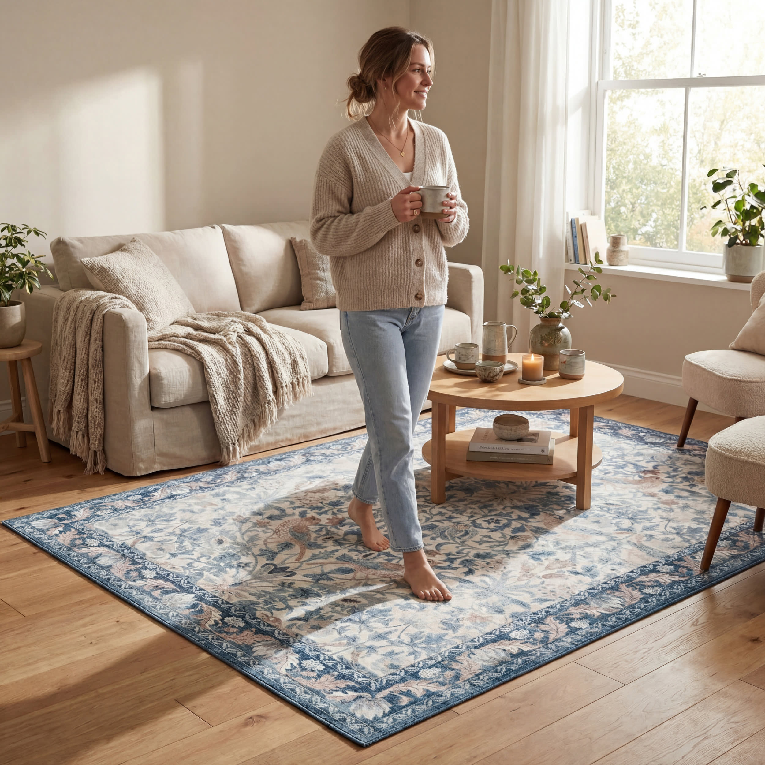 Mauri Bordered Floral and Paisley Washable Rug | Blue