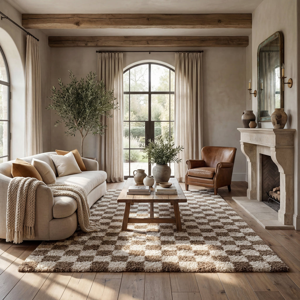 Bettie Retro Checkered Shag Rug | Beige