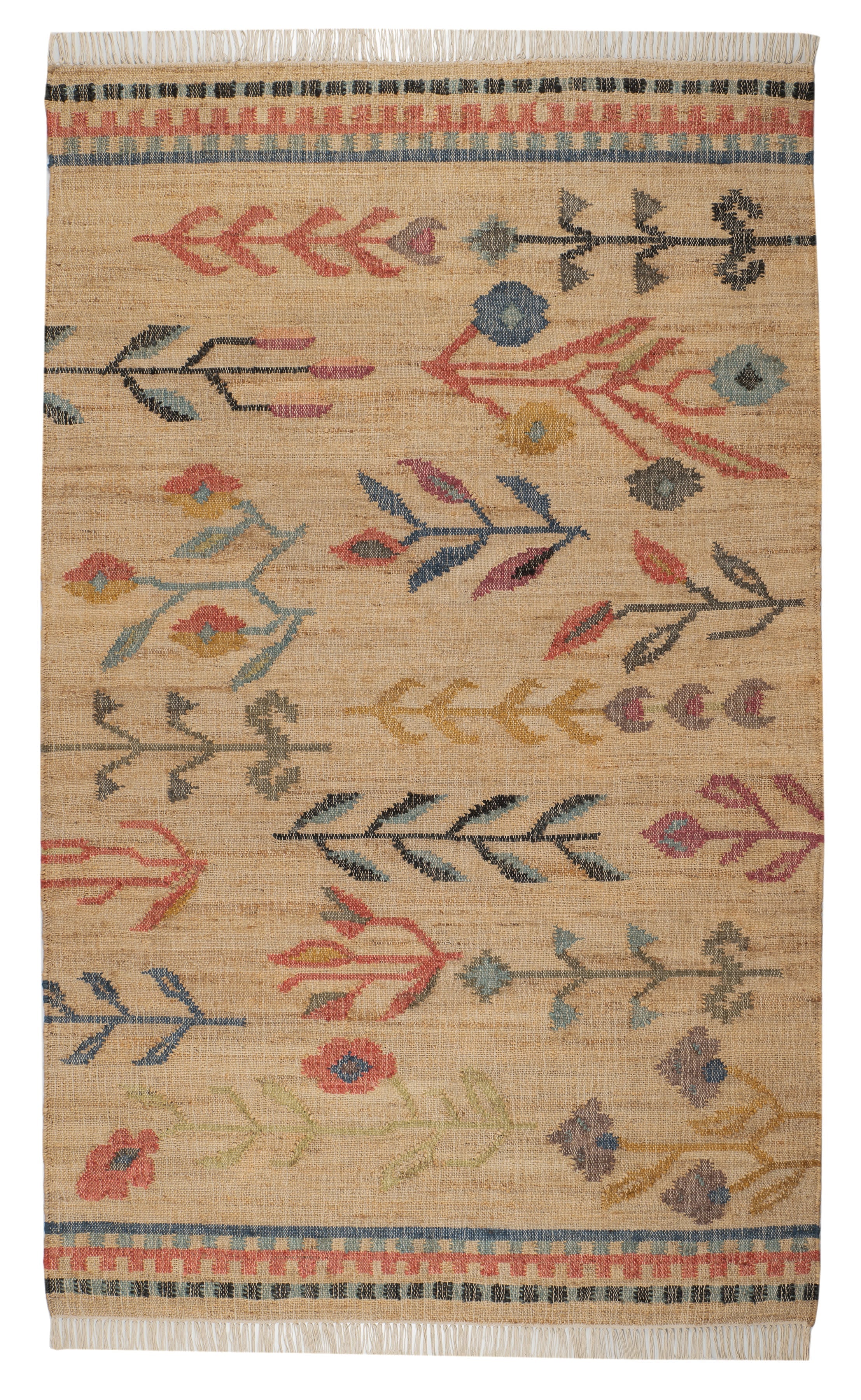 Folk Floral Kilim Handwoven Jute Rug | Natural Image principale du produit