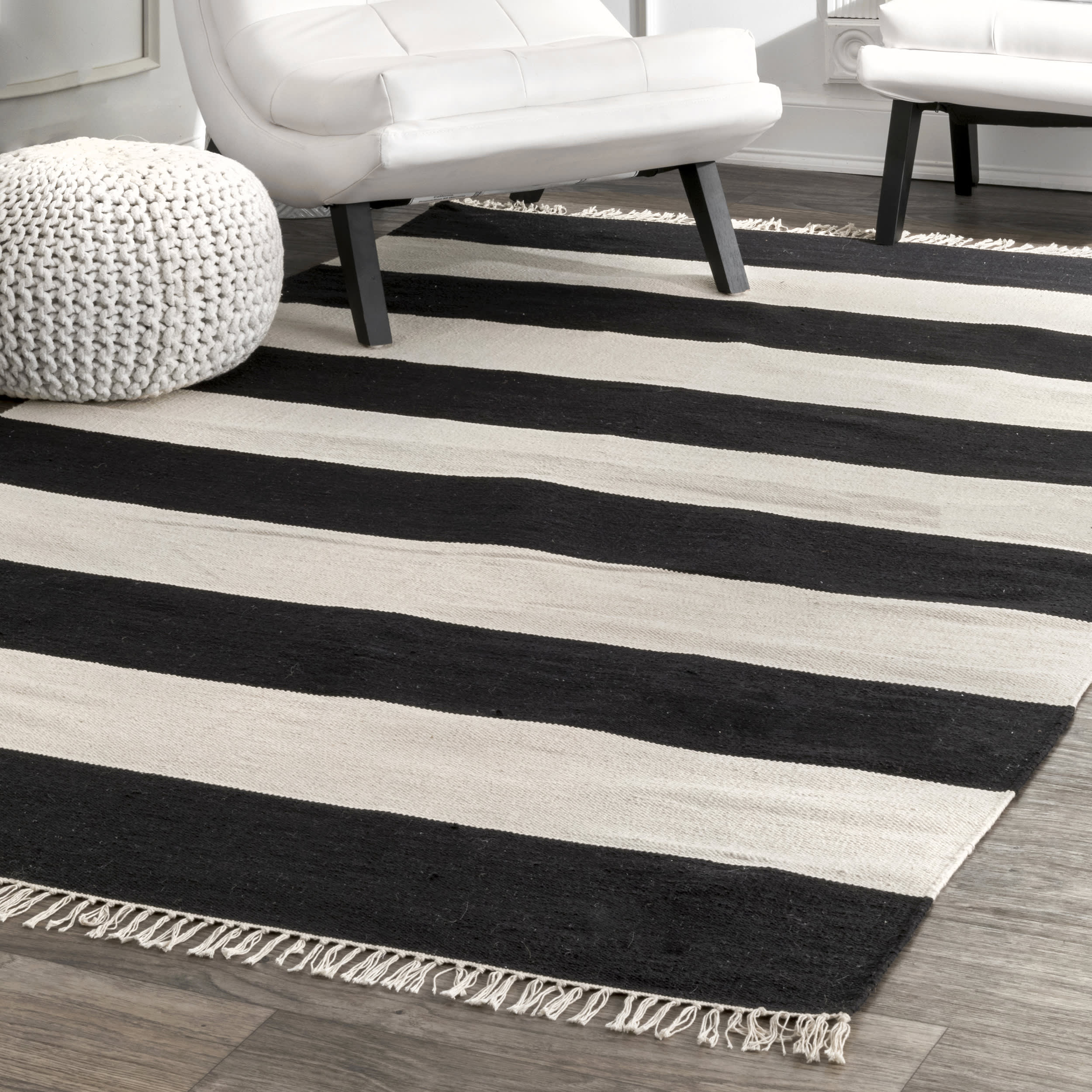 Awning Striped Flatweave Tassel Rug | Black Secondary image