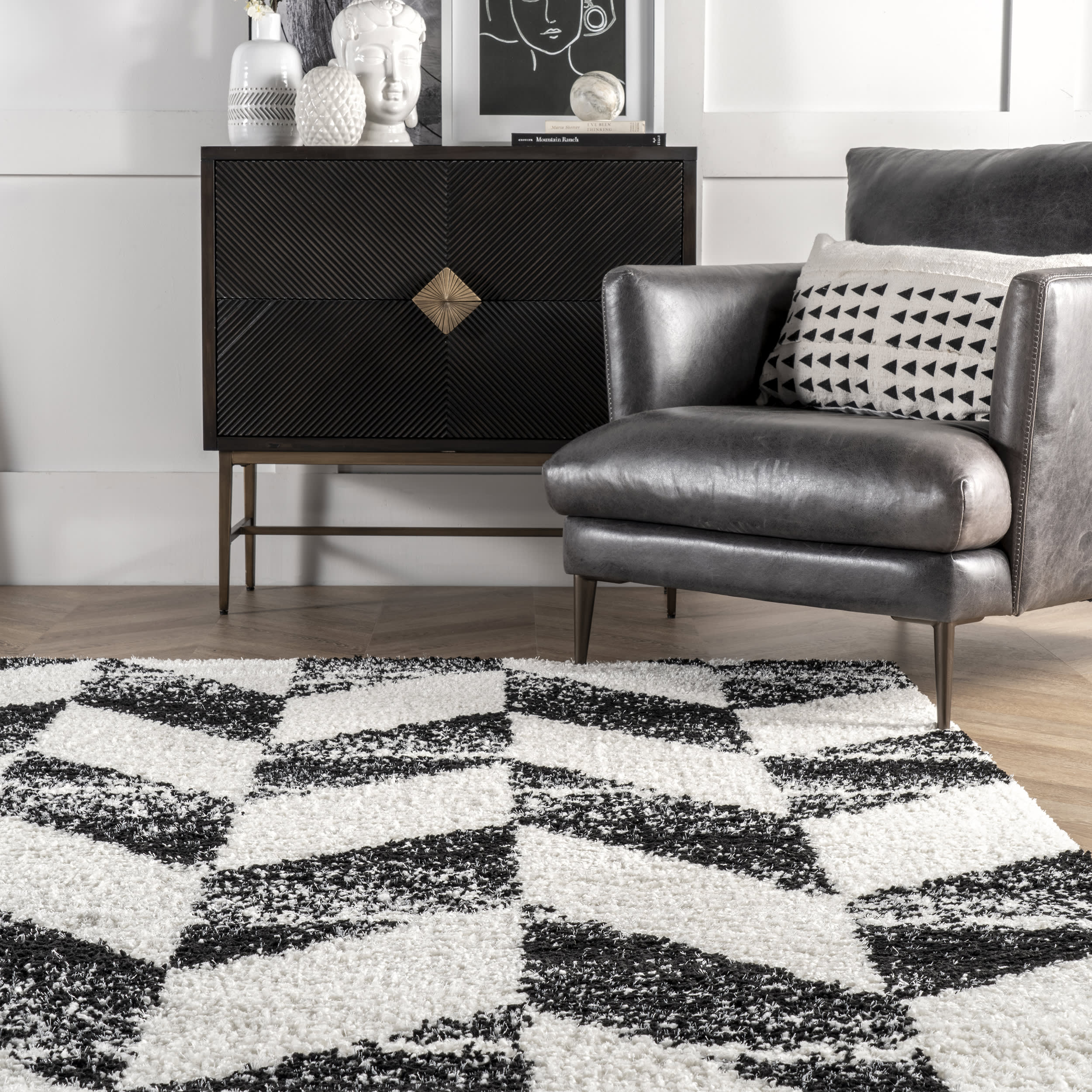 Faded Herringbone Shag Rug | Black And White