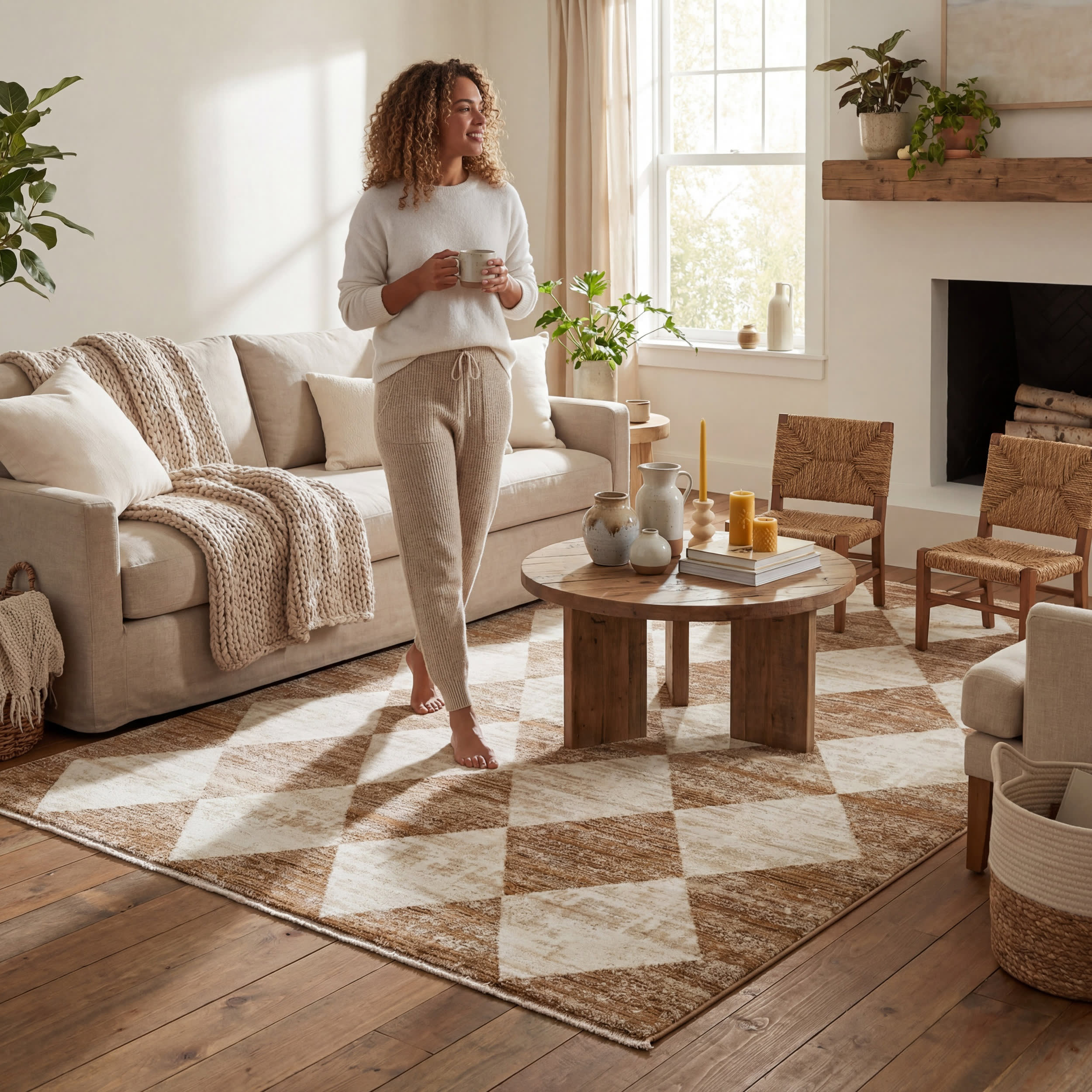 Vanni Checkered Fringed Rug | Tan