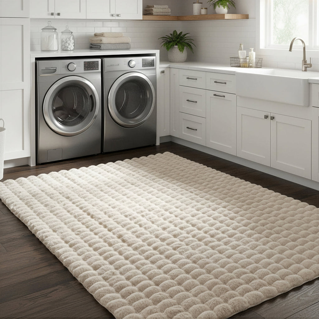 Ivana Checkered Plush Cloud Washable Rug | Beige