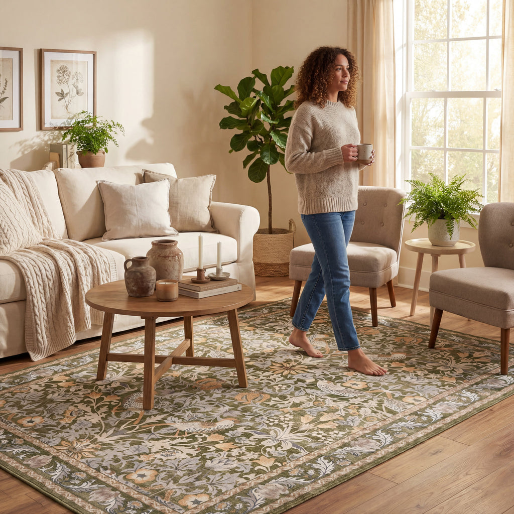Mauri Bordered Floral and Paisley Washable Rug | Green