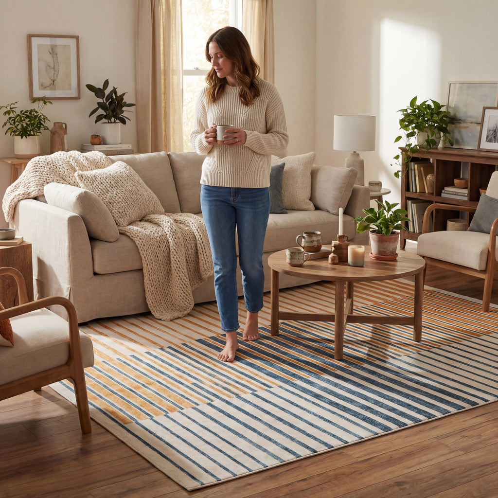Mauzi Modern Striped Washable Rug | Golden