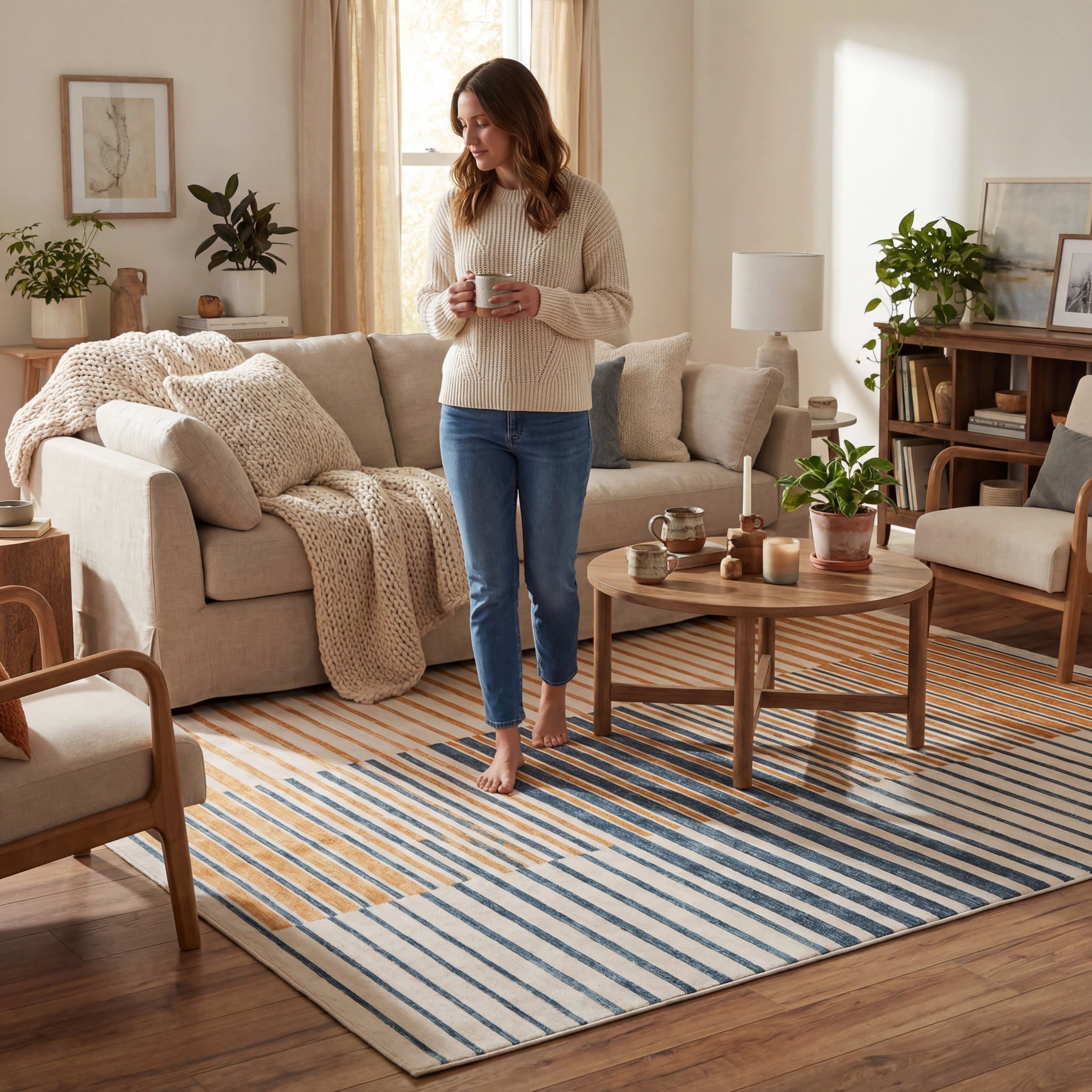 Mauzi Modern Striped Washable Rug | Golden