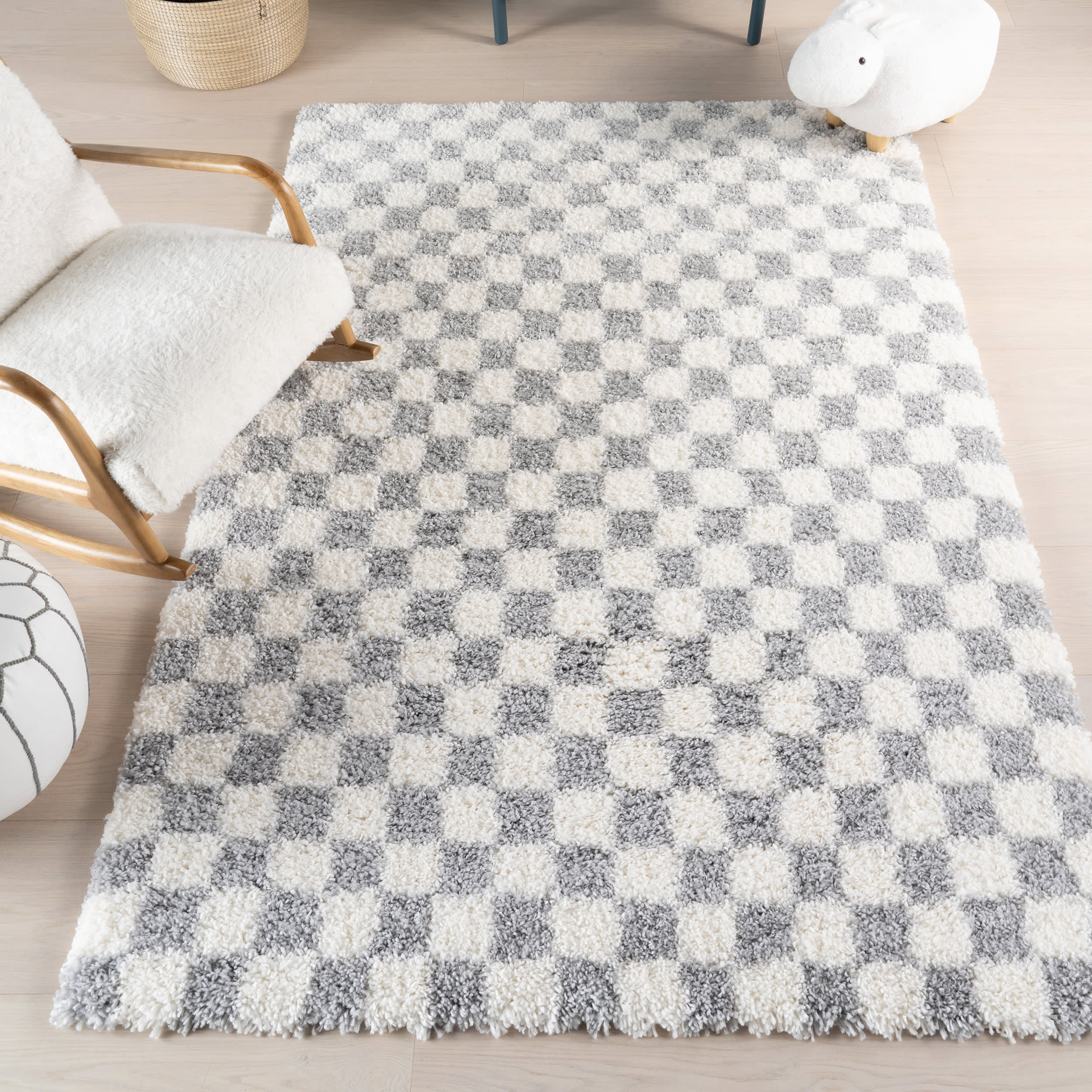 Bettie Retro Checkered Shag Rug | Light Grey Secondary image