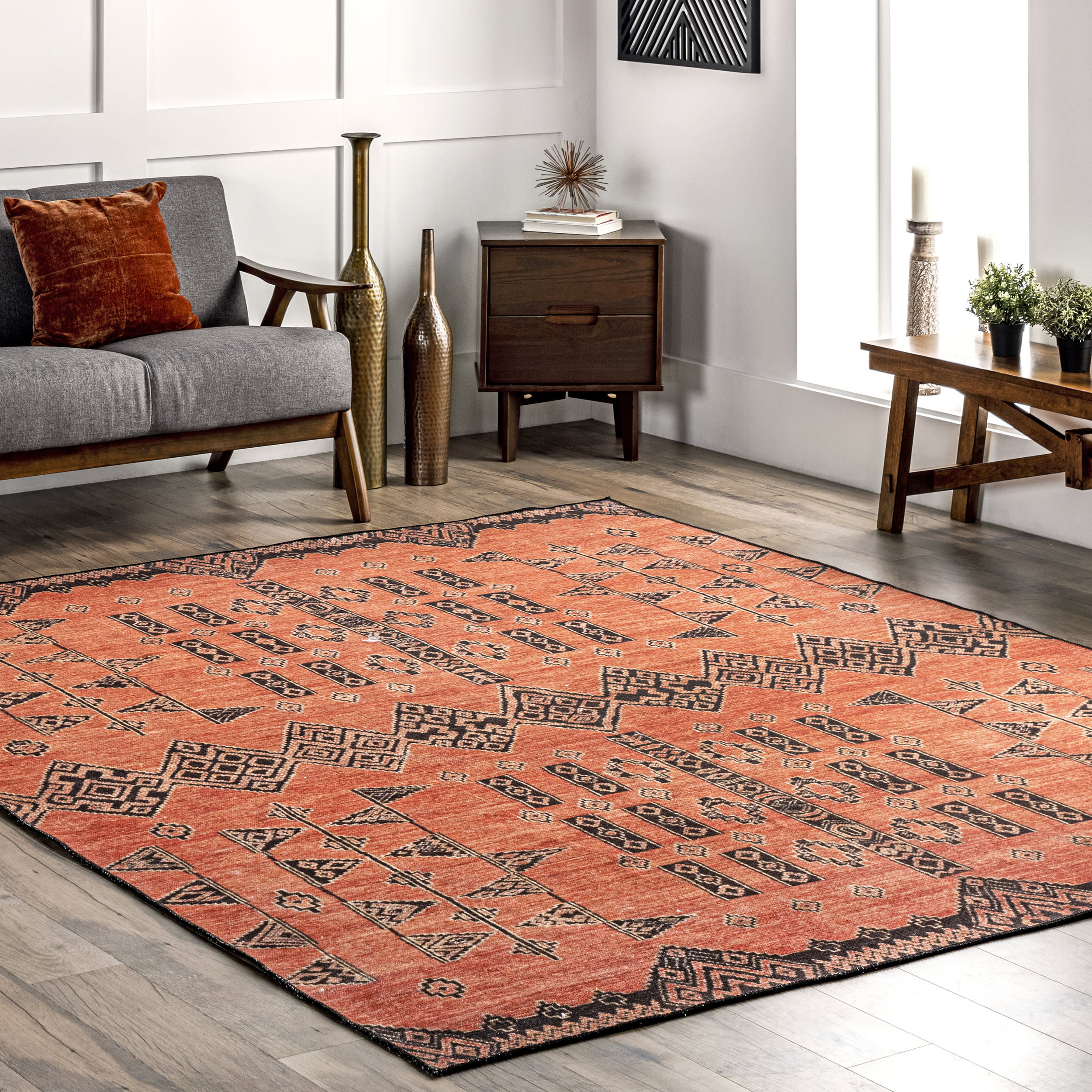 Christine Washable Paneled Rug | Rust Secondary image
