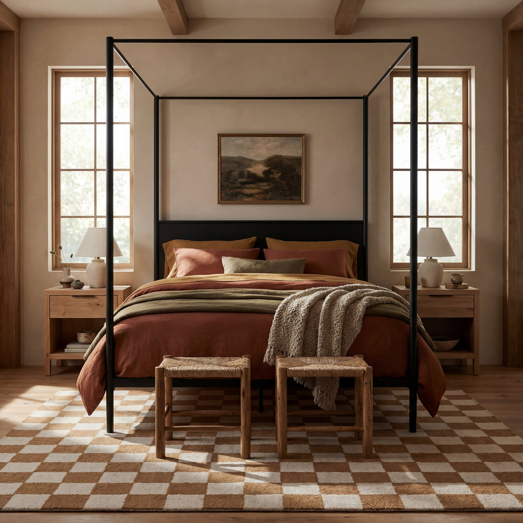 Calina Modern Checkered Indoor Wool Rug | Golden Tan