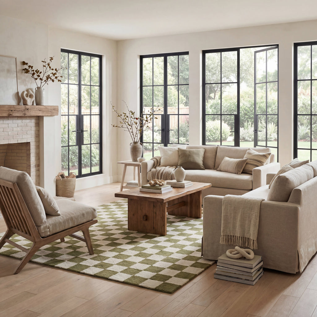 Calina Modern Checkered Indoor Wool Rug | Green
