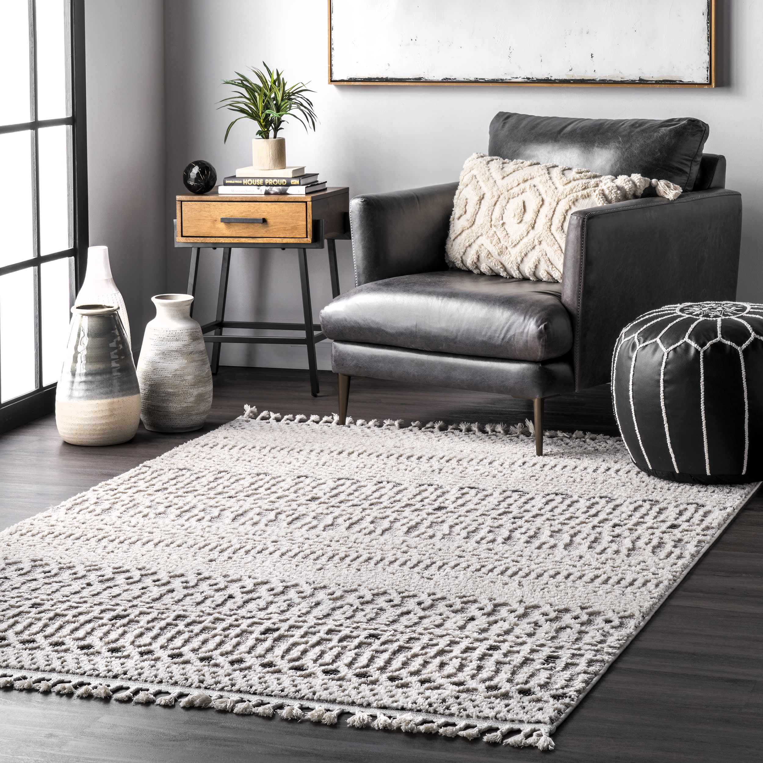 Carved Banded Tassel Rug | Beige Secondary image