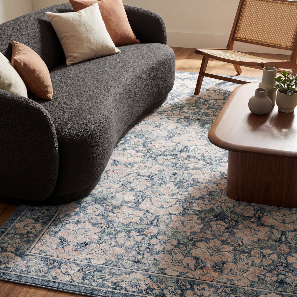 Kinice Traditional Floral Washable Rug | Dark Blue