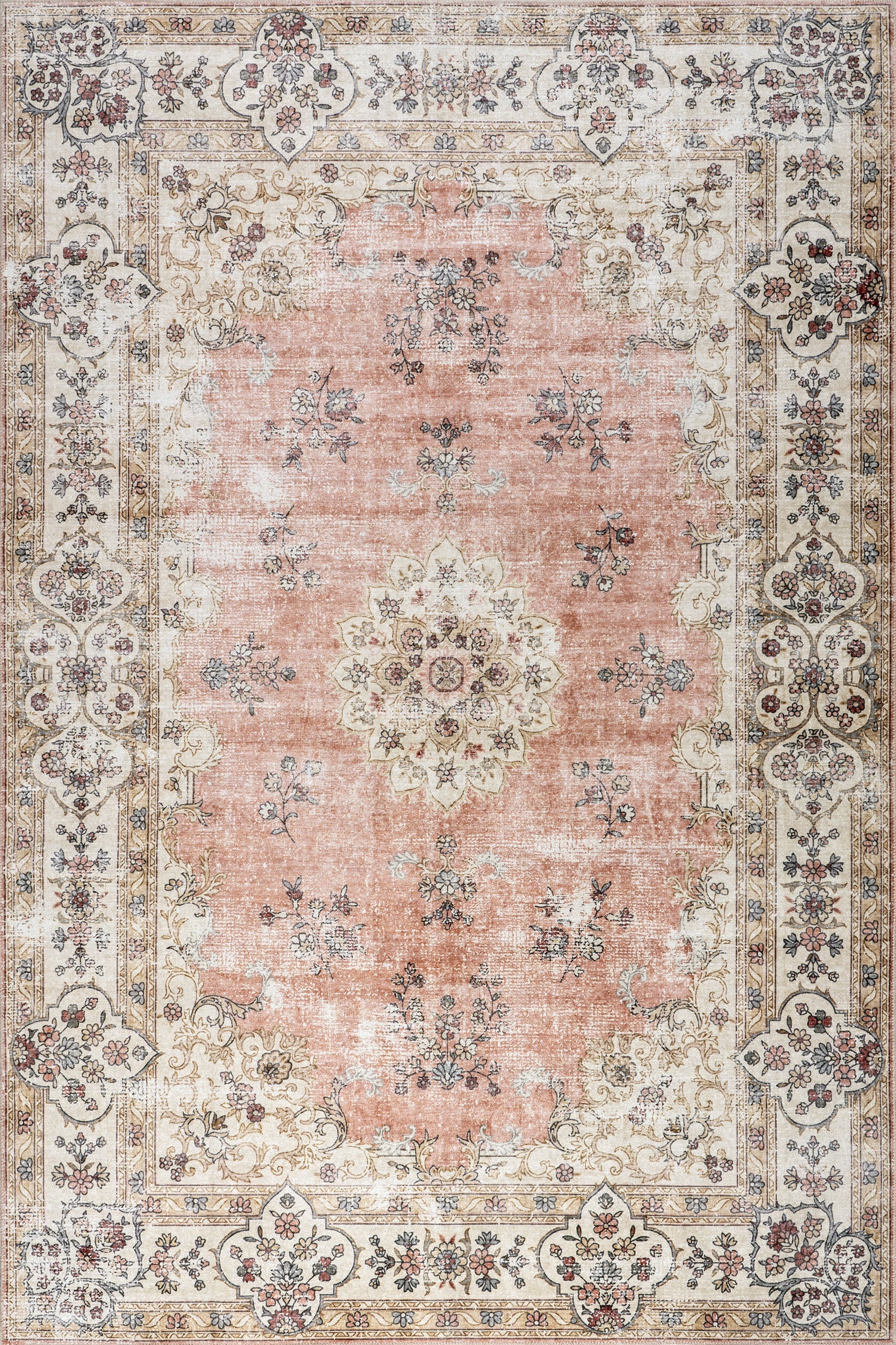Rosette Medallion Spill Proof Washable Rug | Peach Main image