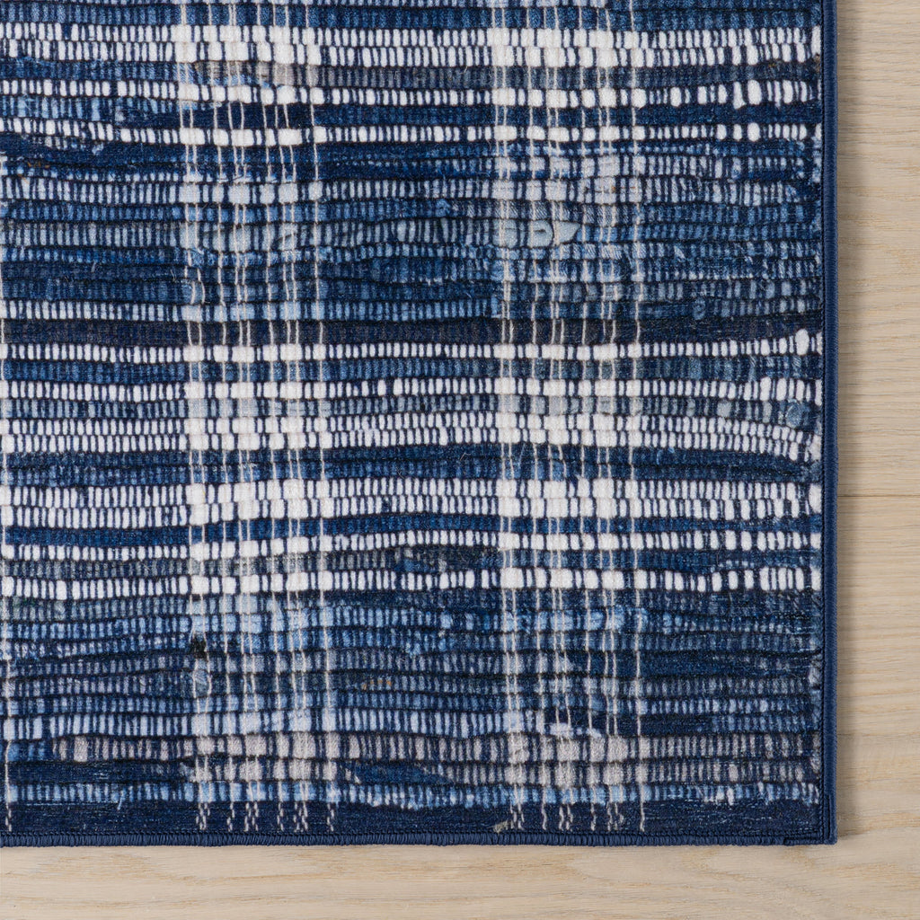 Denim Plaid Machine Washable Rug | Blue