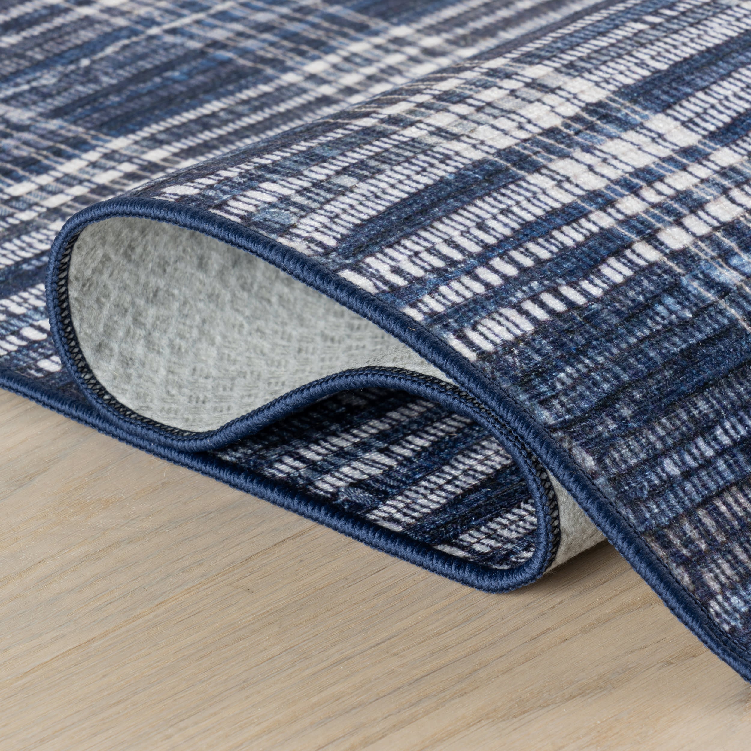 Denim Plaid Machine Washable Rug | Blue