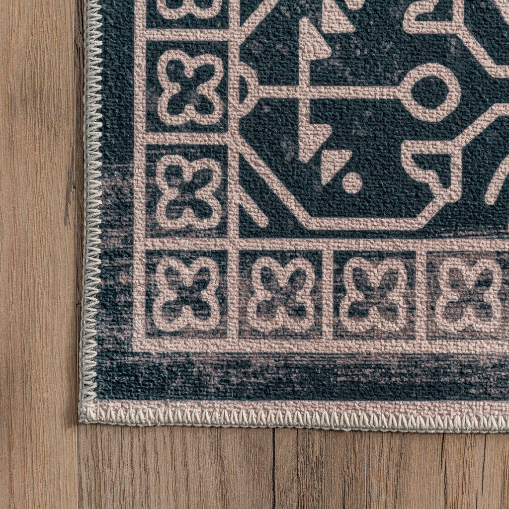 Tinsley Bordered Linework Washable Rug | Navy