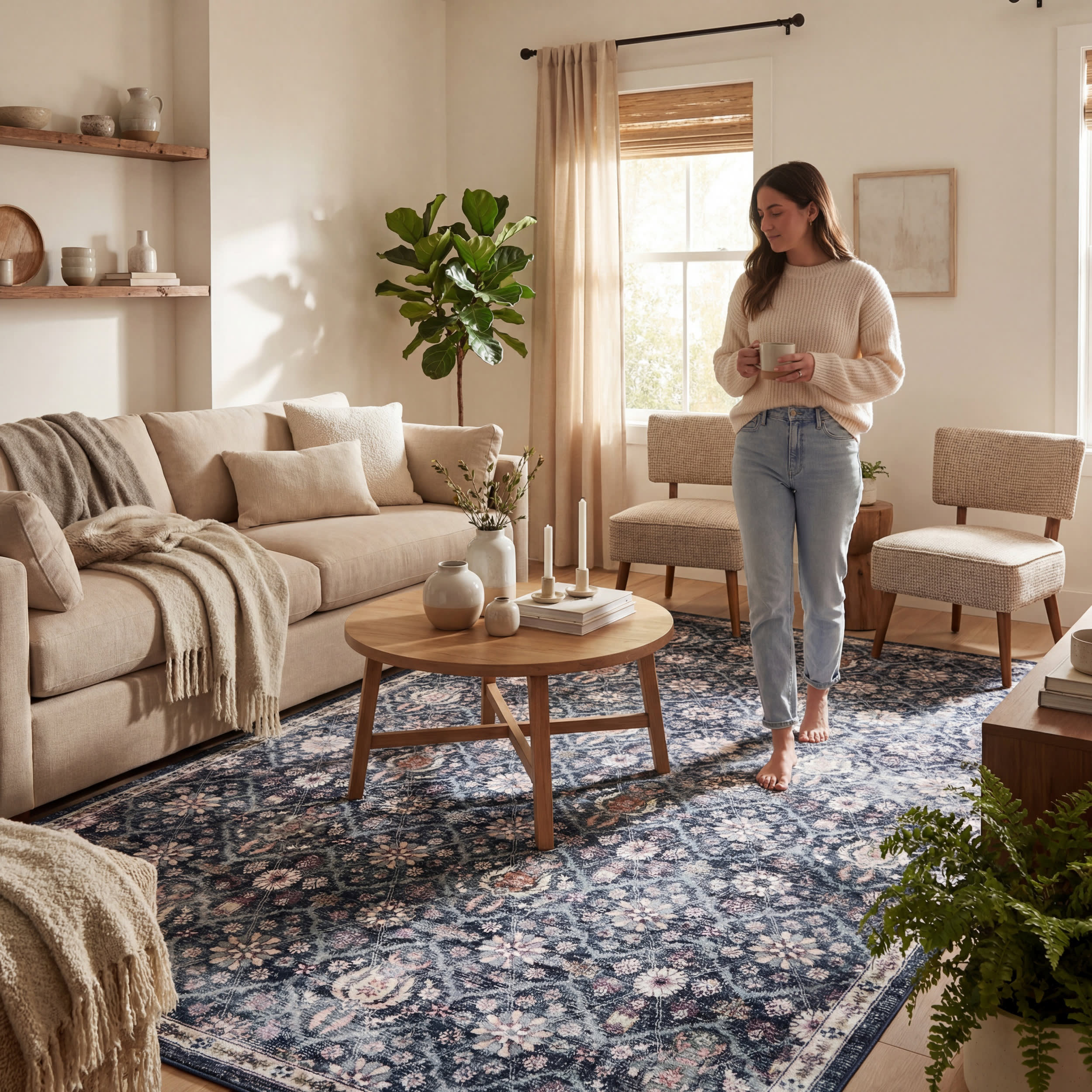 Calari Floral and Paisley Washable Rug | Navy