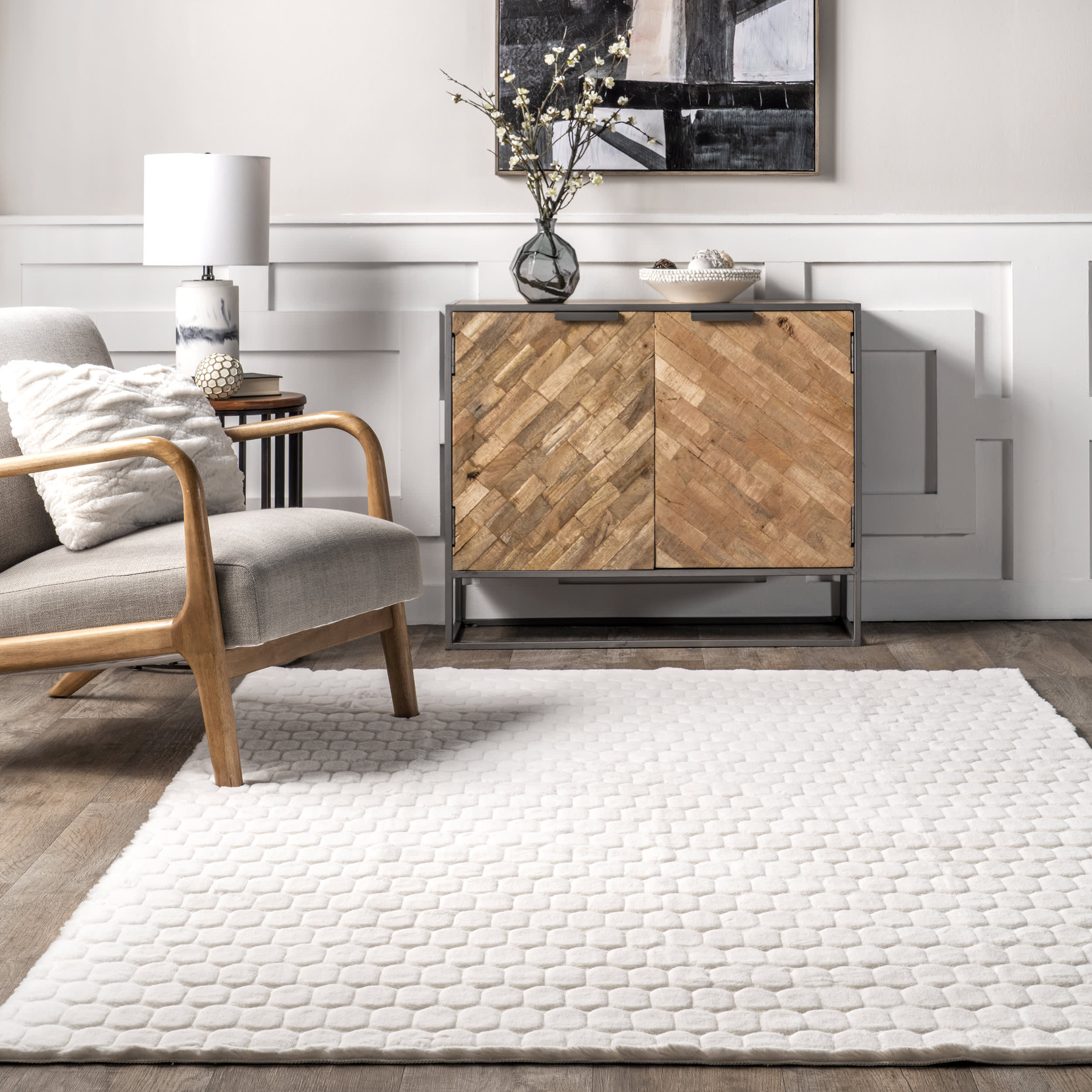 Milazia Honeycomb Plush Cloud Washable Rug | White