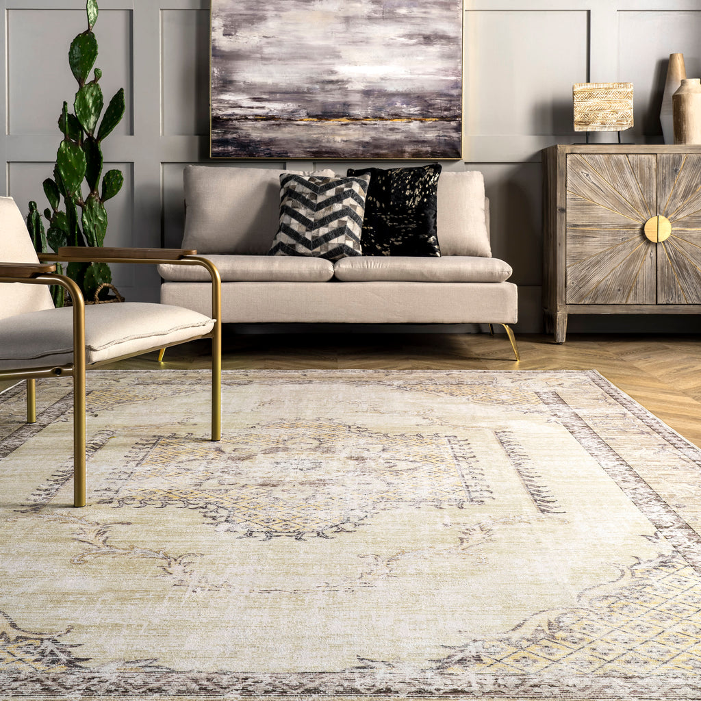 Burr Medallion Washable Rug | Cream