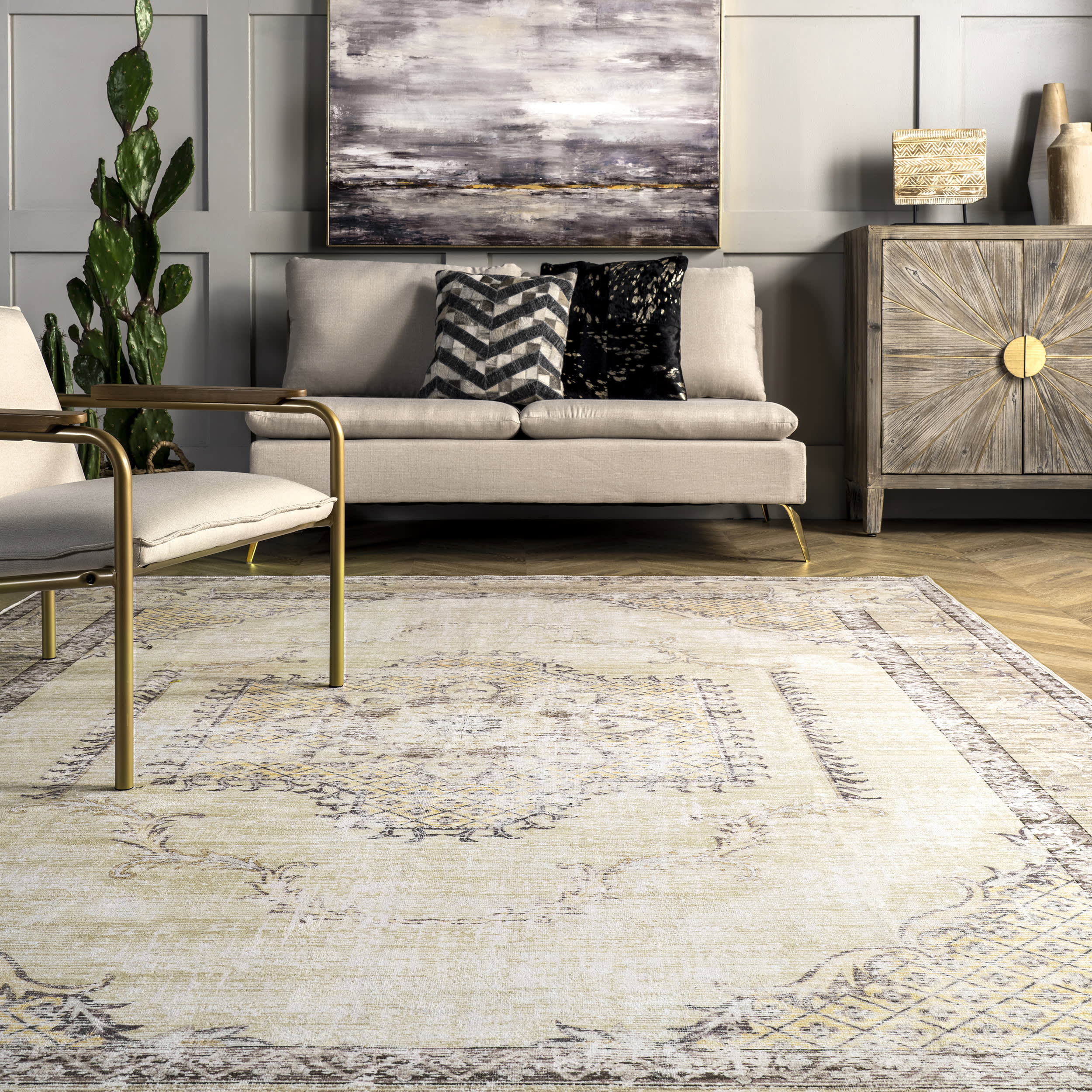 Burr Medallion Washable Rug | Cream