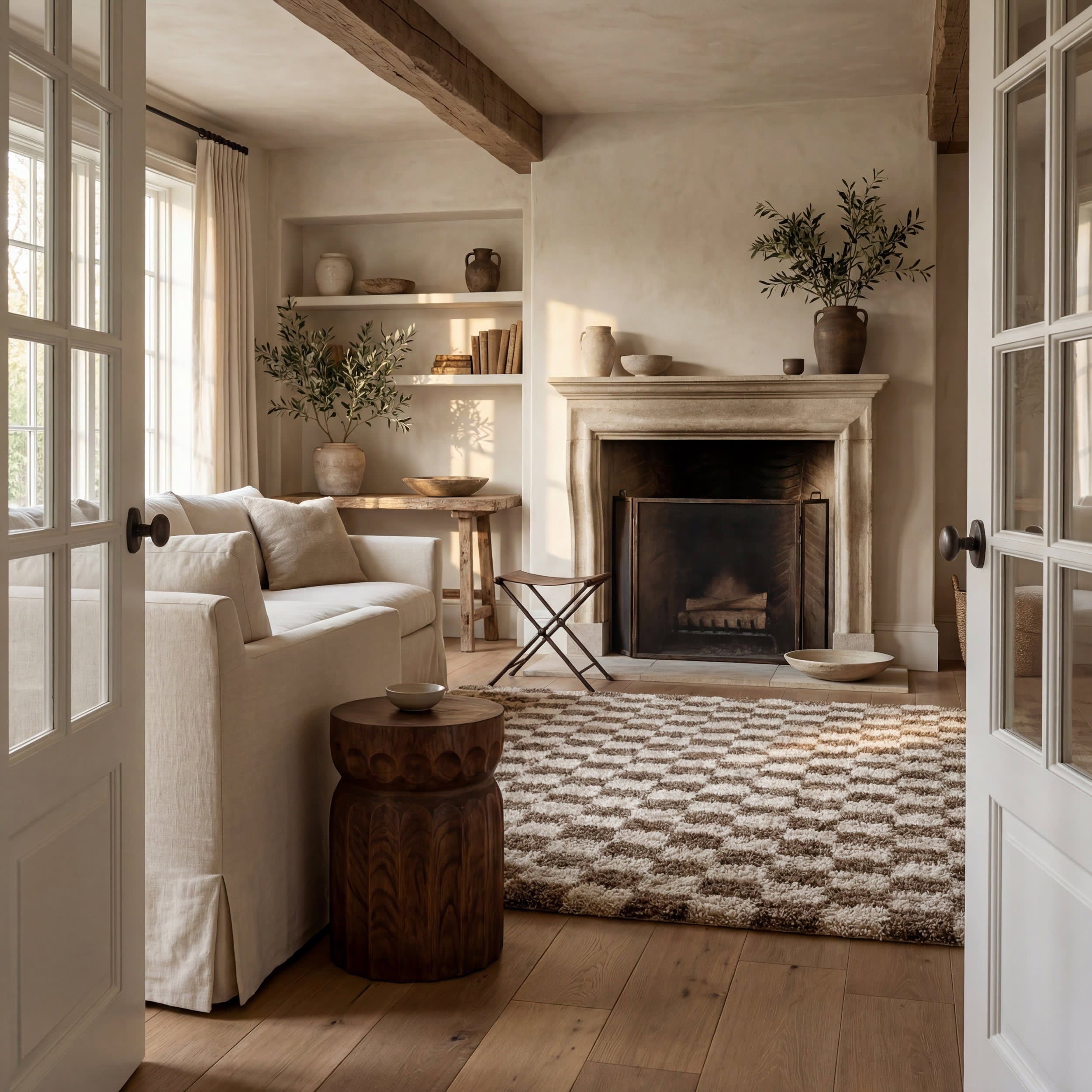 Bettie Retro Checkered Shag Rug | Beige