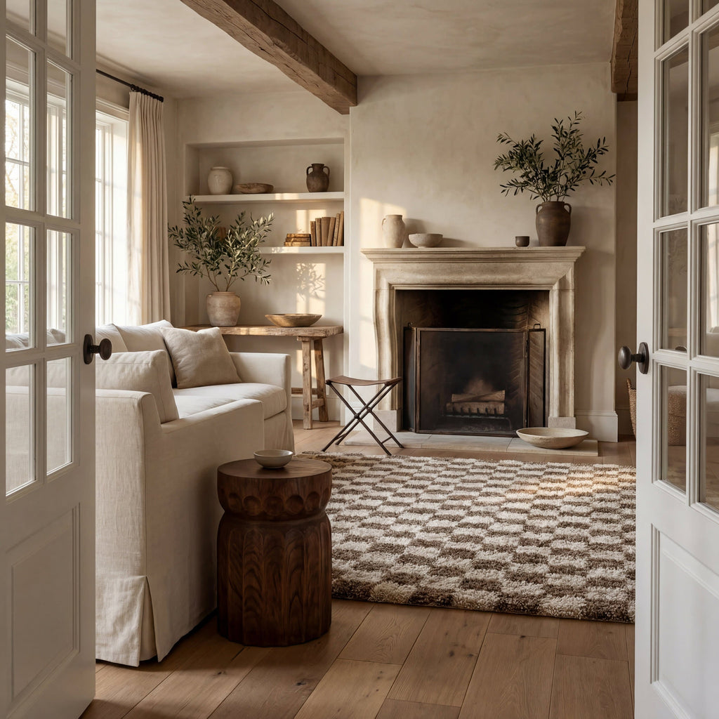 Bettie Retro Checkered Shag Rug | Beige