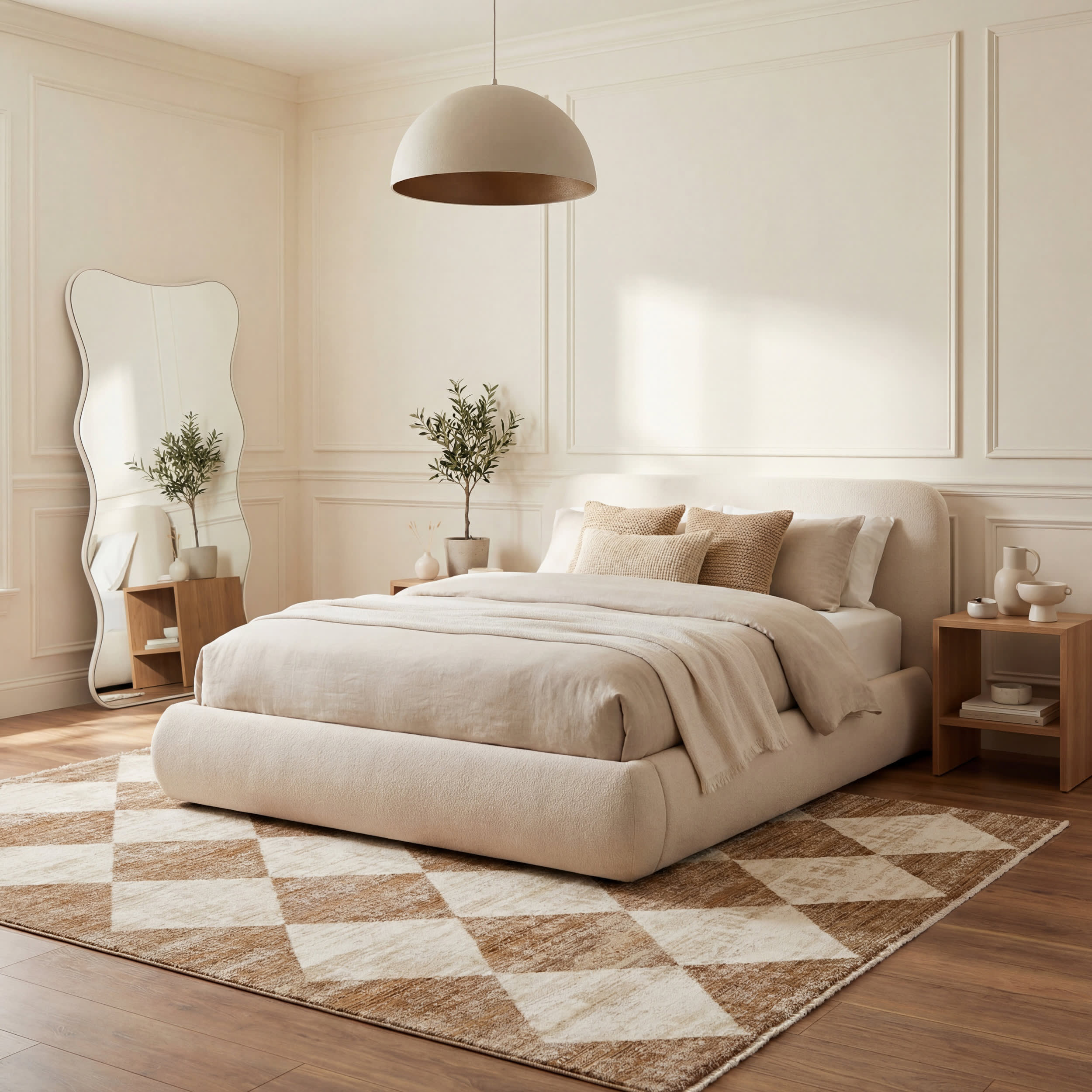Vanni Checkered Fringed Rug | Tan