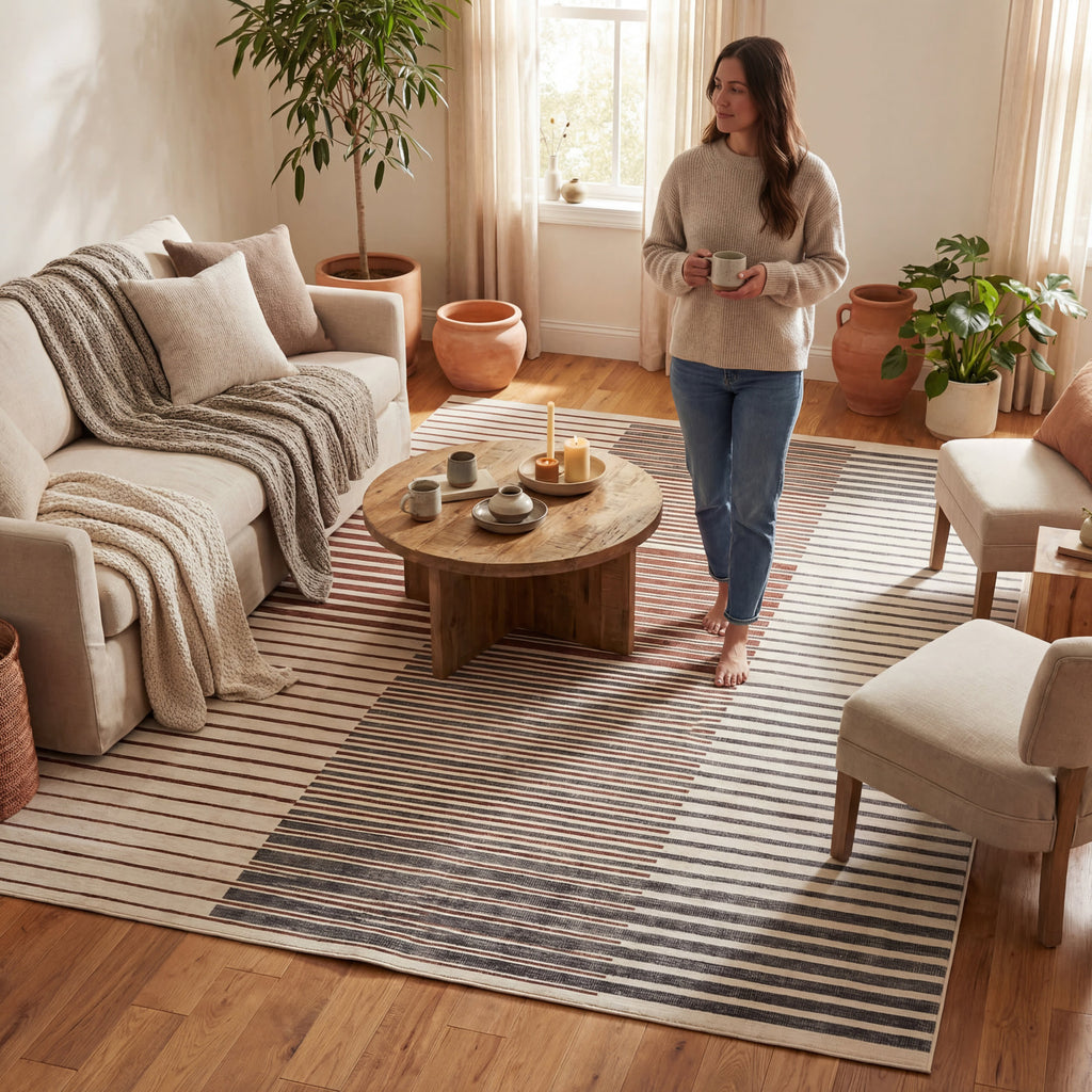 Mauzi Modern Striped Washable Rug | Rust