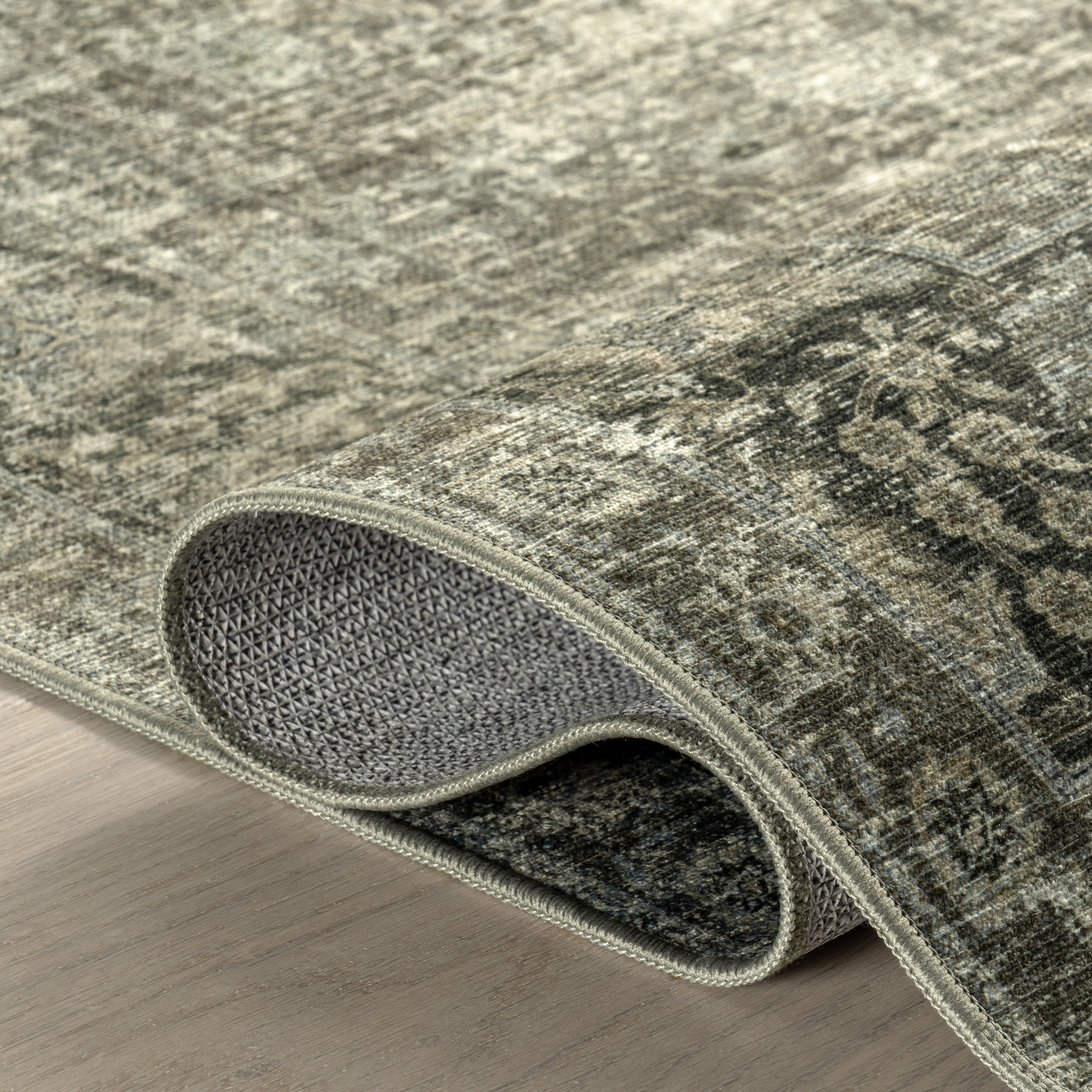 Bayberry Spill Proof Vintage Washable Rug | Green Grey
