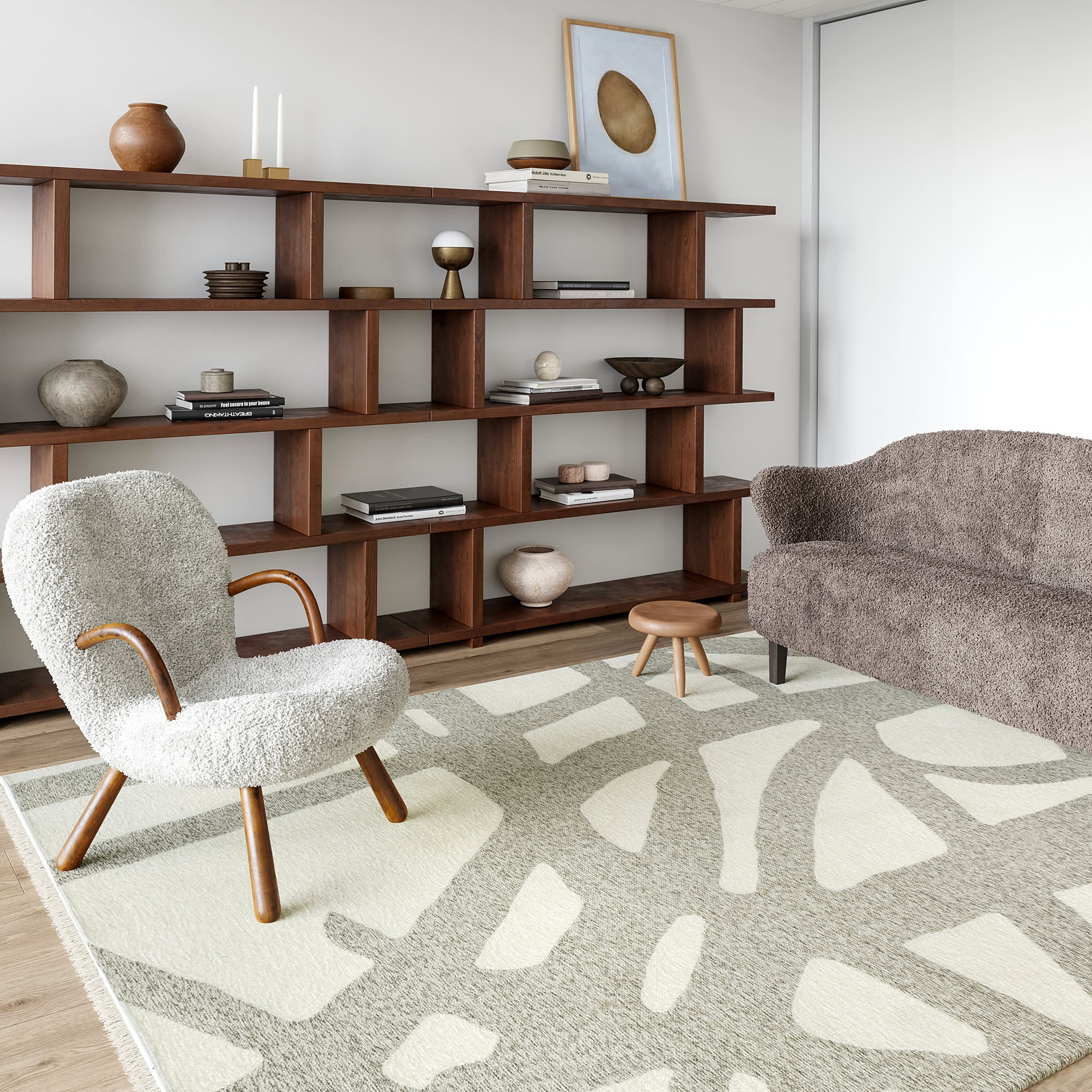 Claude Abstract Fringed Reversible Washable Rug | Cream Secondary image