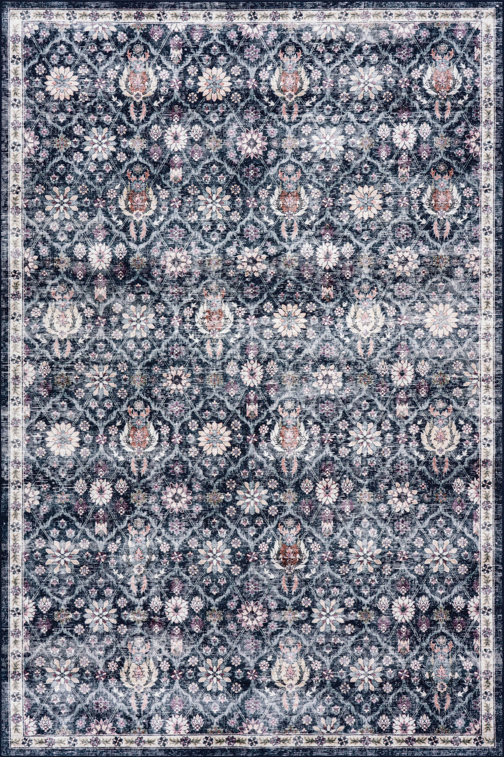Calari Floral and Paisley Washable Rug | Navy