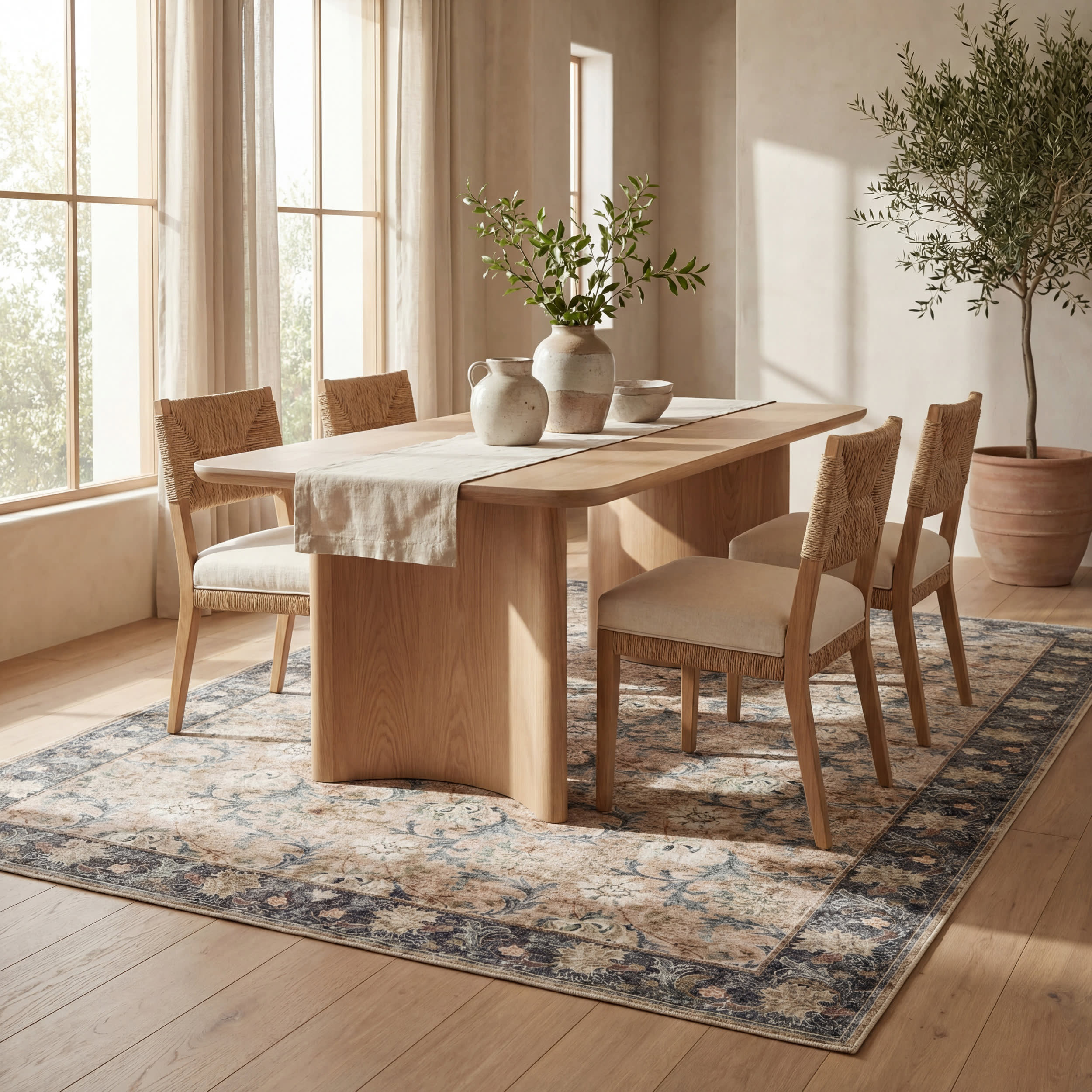 Sinikse Floral and Paisley Washable Rug | Beige