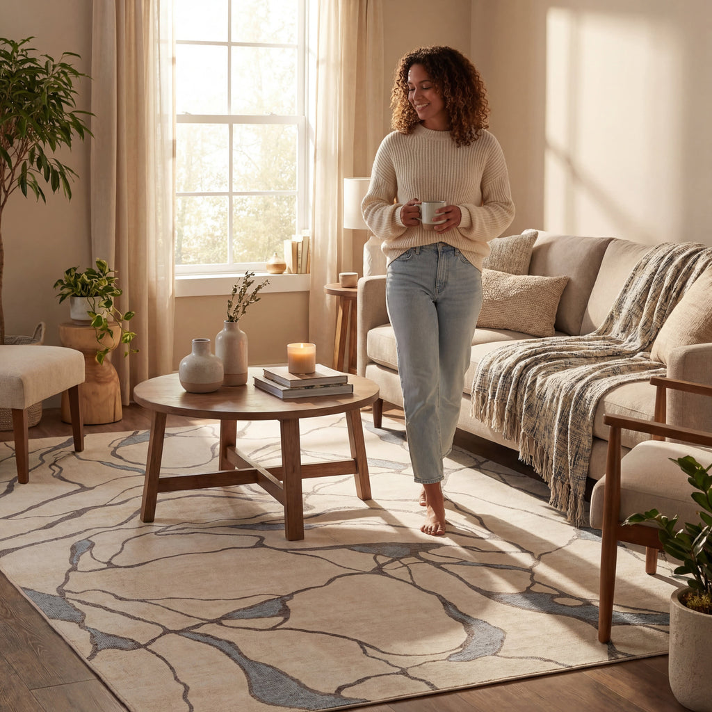 Lenis Abstract Washable Rug | Ivory