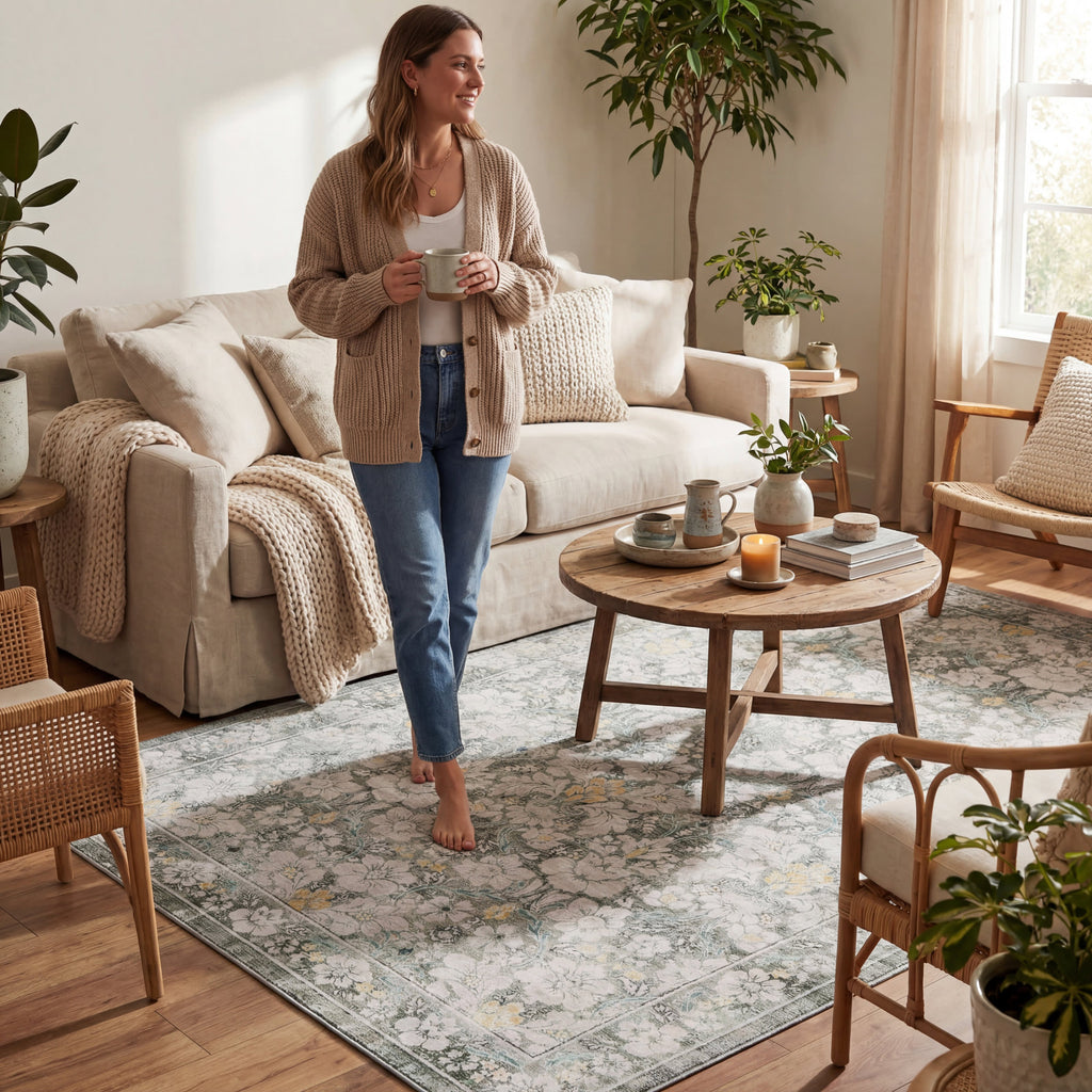 Kinice Traditional Floral Washable Rug | Grey