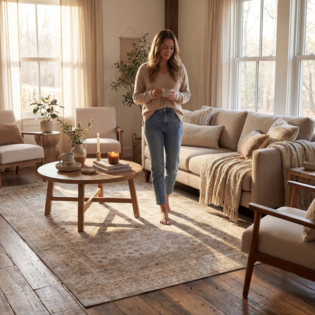 Meena Fading Garden Spill Proof Washable Rug | Beige