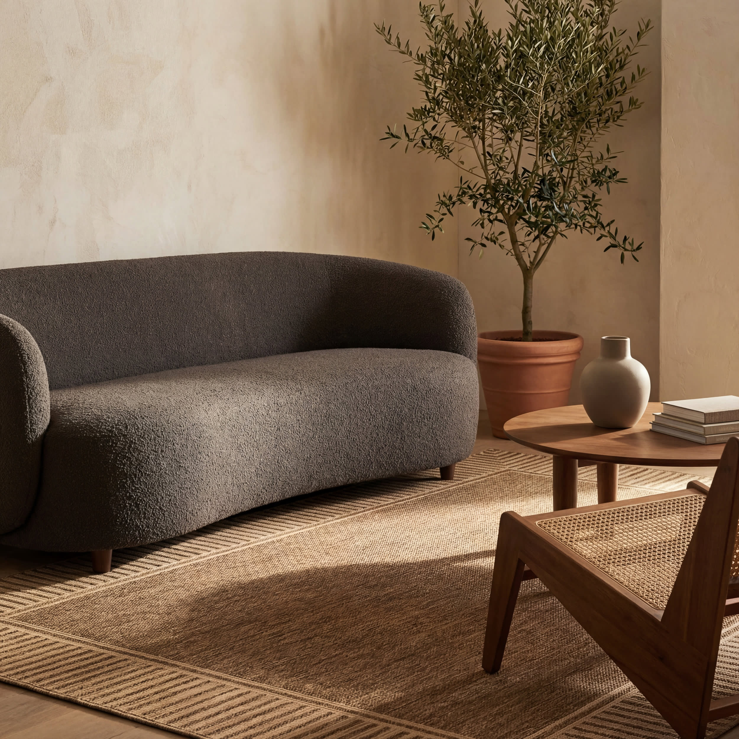 Striped Border Indoor/Outdoor Flatweave Rug | Light Brown