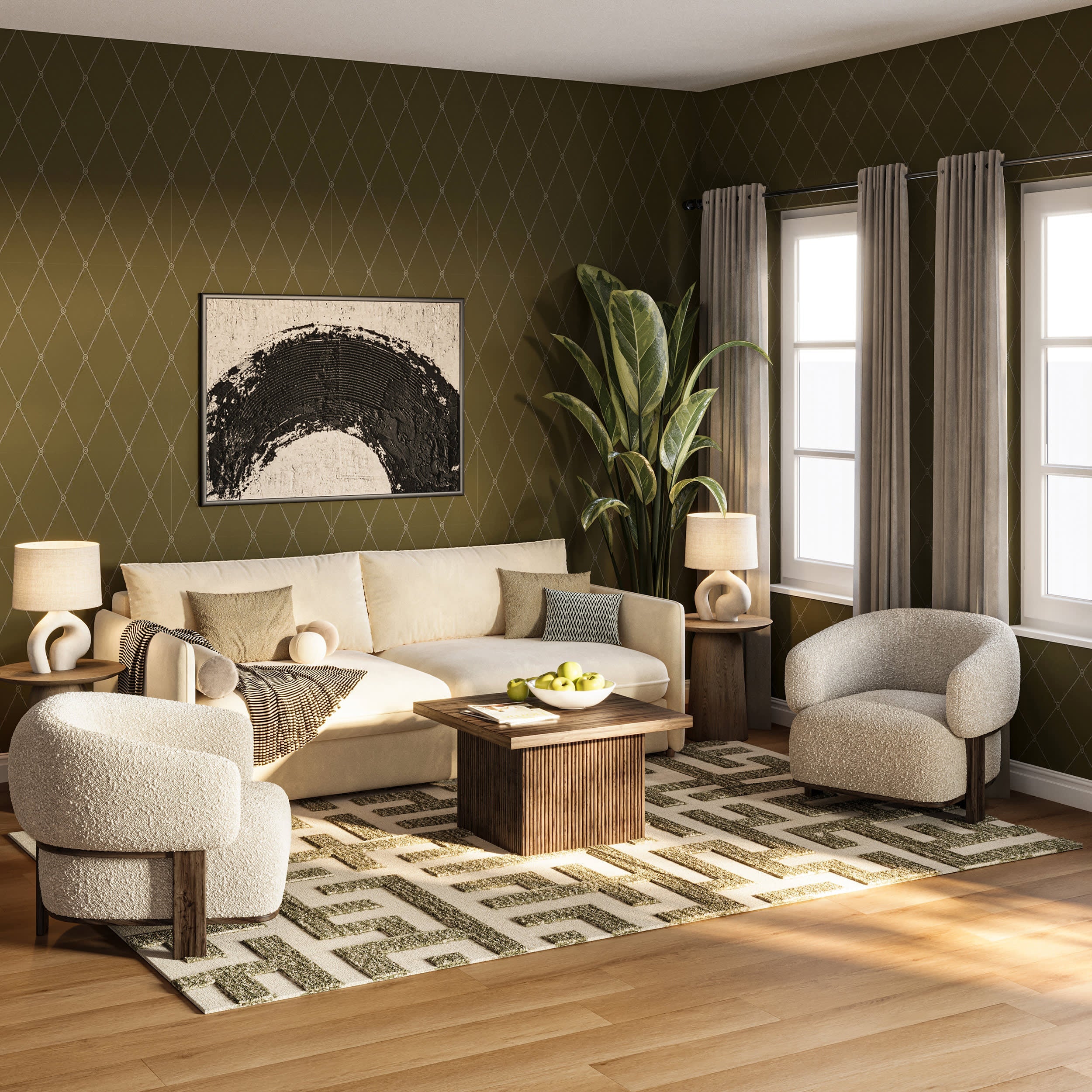 Riel Bohemian Geometric Wool Rug | Green