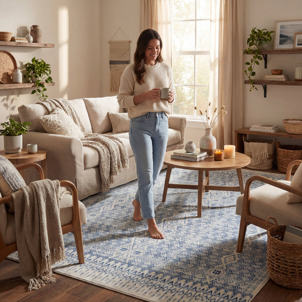 Benica Modern Geometric Washable Rug | Blue