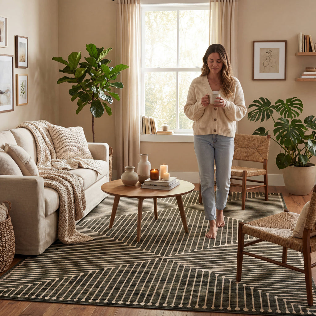 Revelyn Geometric Washable Rug | Green
