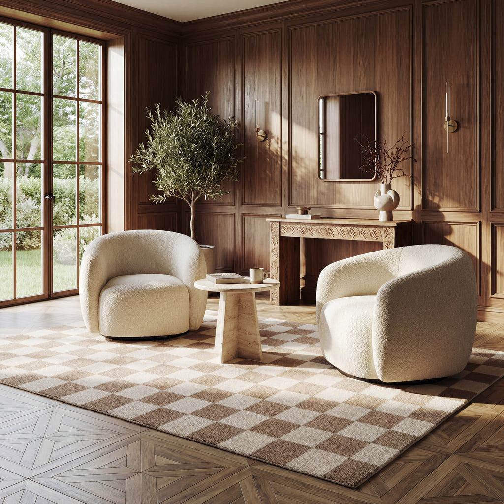Calina Modern Checkered Indoor Wool Rug | Taupe