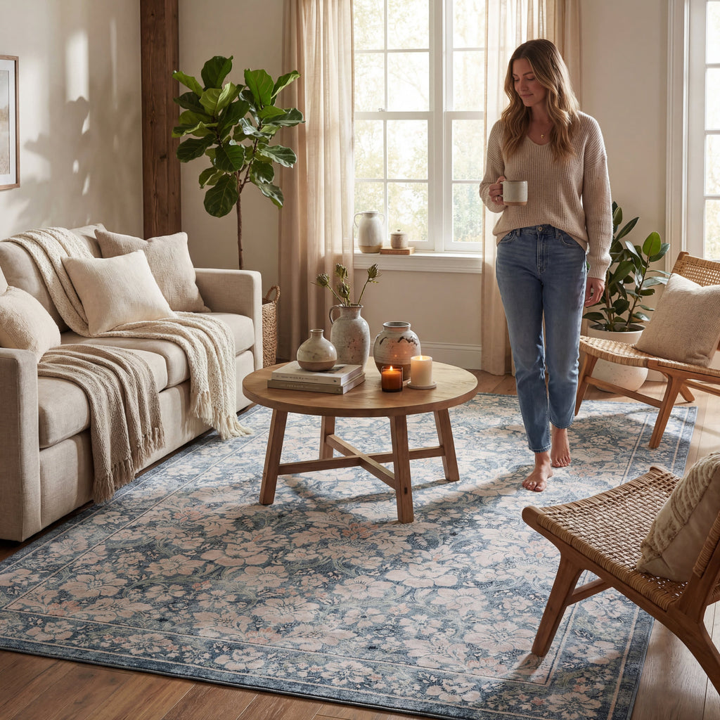Kinice Traditional Floral Washable Rug | Dark Blue