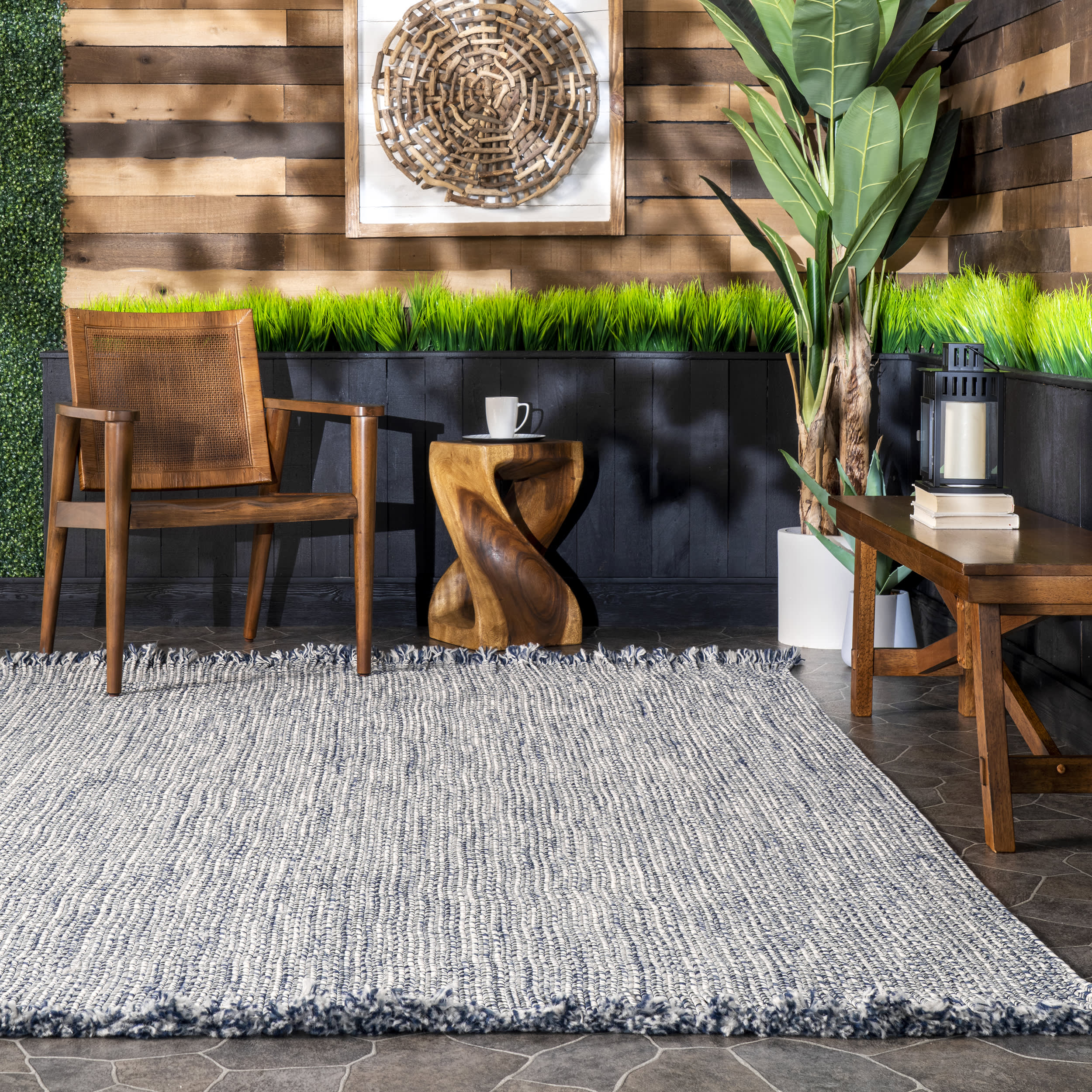 Ashen Braided Tassel Indoor/Outdoor Rug | Blue