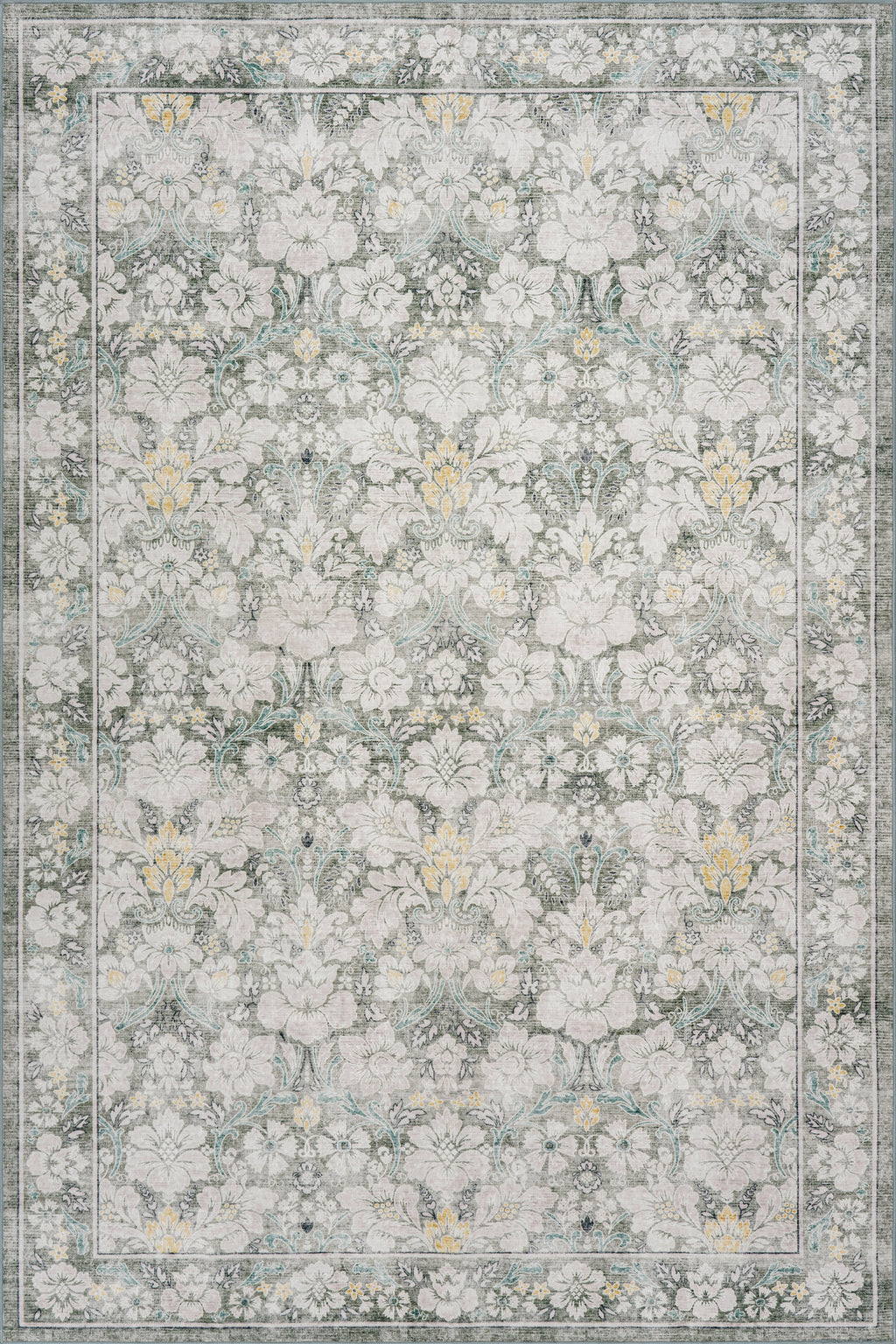 Kinice Traditional Floral Washable Rug | Grey