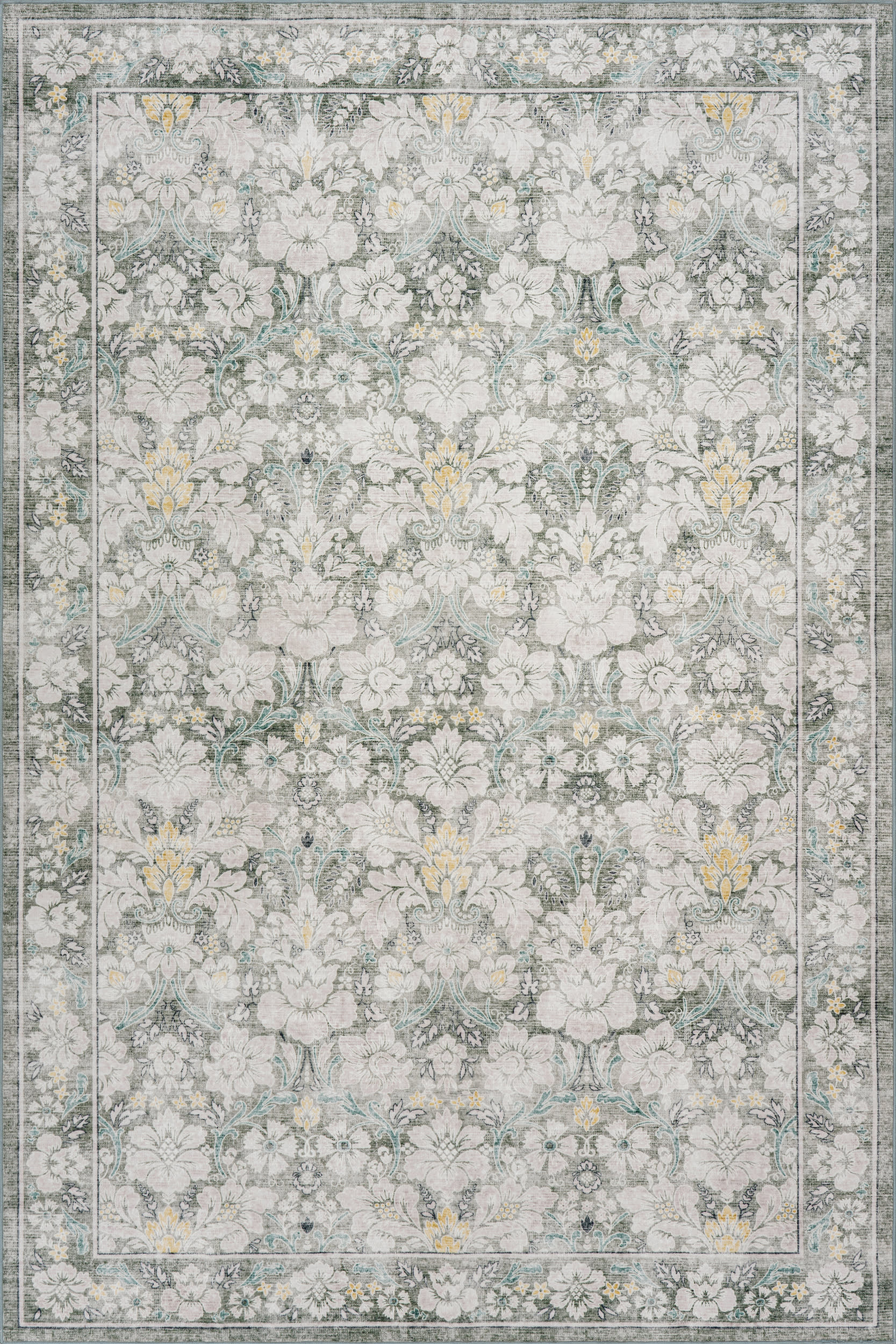 Kinice Traditional Floral Washable Rug | Grey