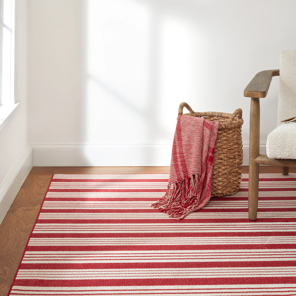 Abby Ticking Machine Washable Rug | Red