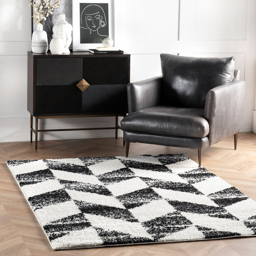 Faded Herringbone Shag Rug | Black And White